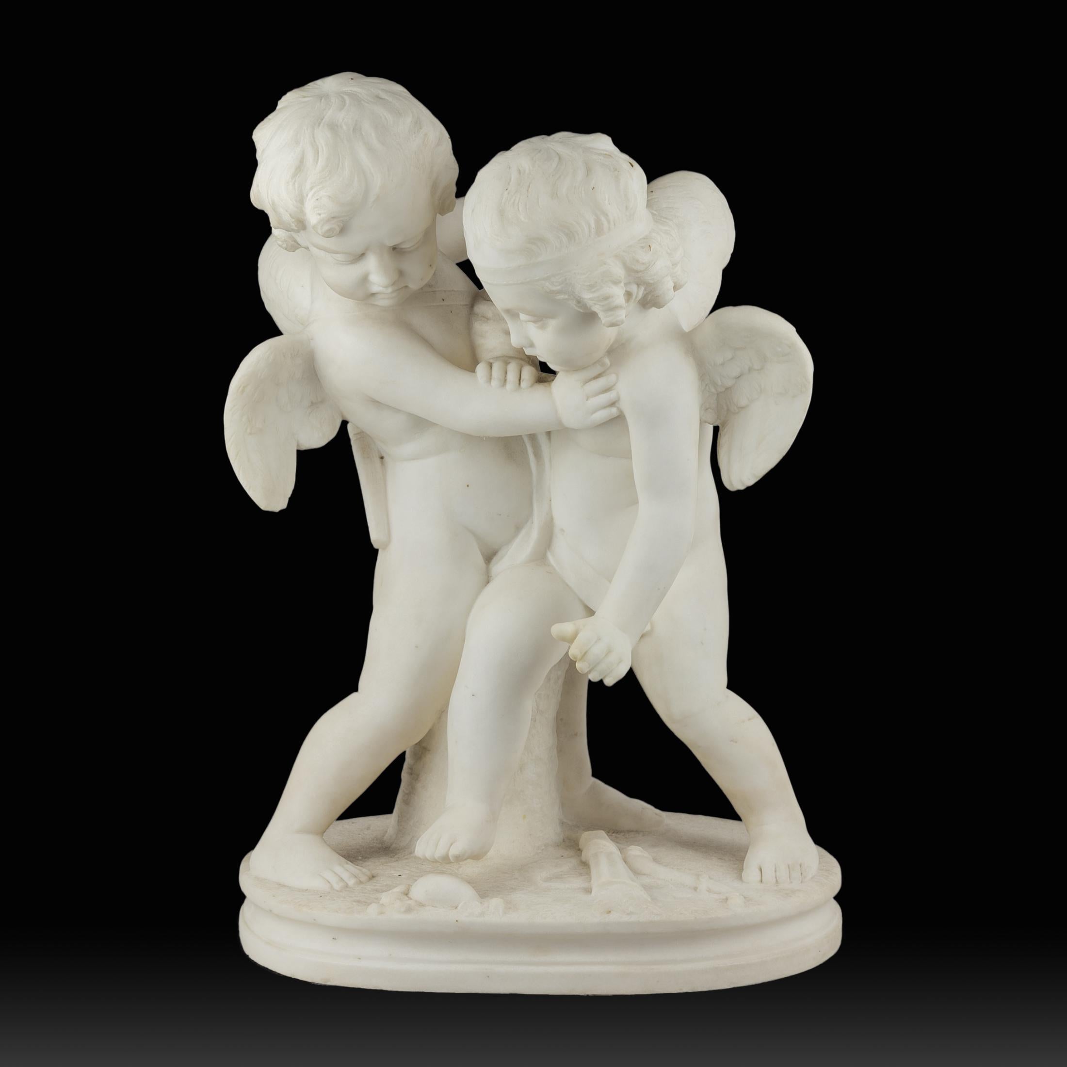 White Marble Sculpture Statue of Two Cherubs Playing