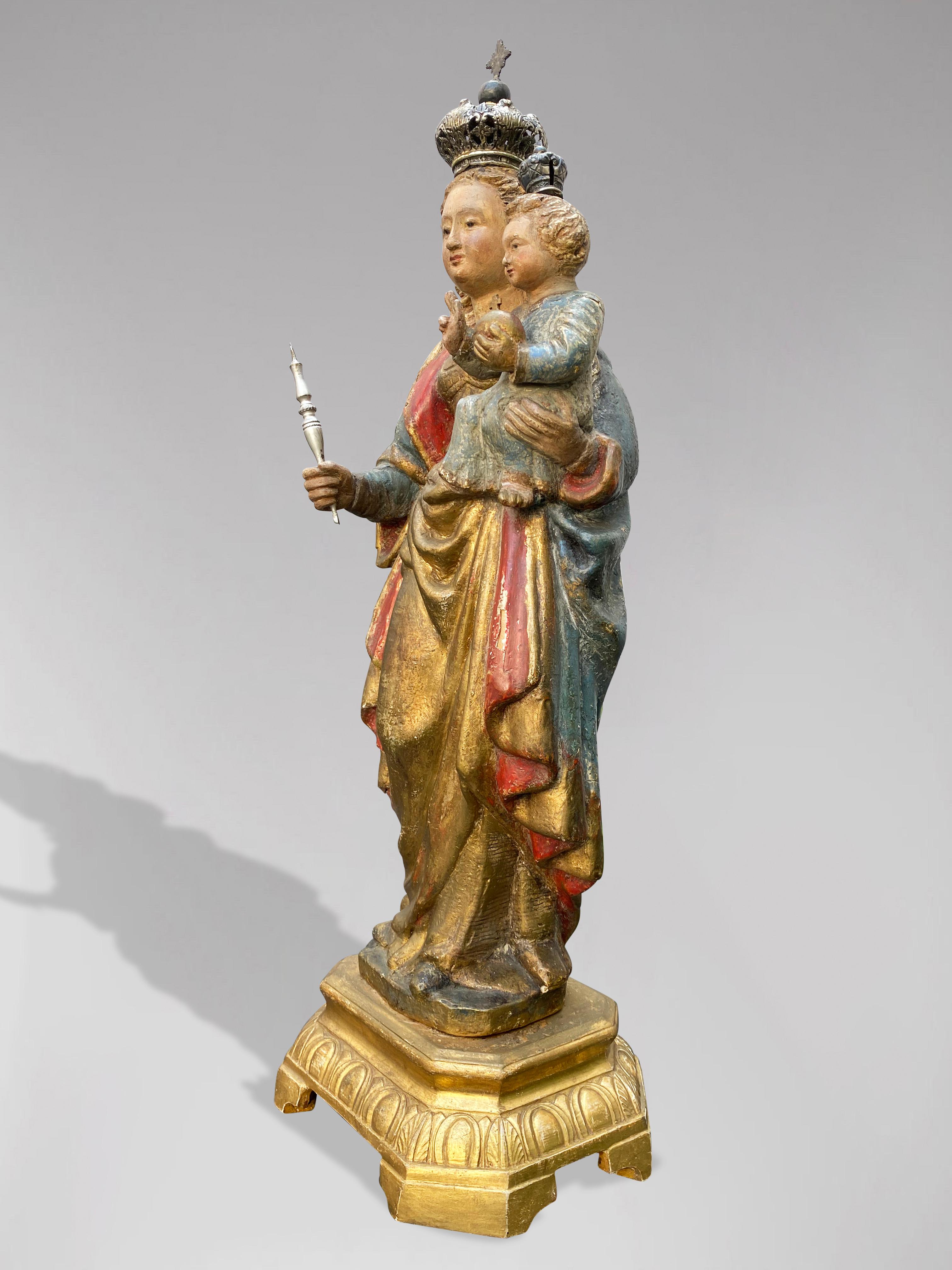 A Flemish Statue of Crowned Virgin Mary with Child Jesus, 17th Century - Sculpture by Unknown
