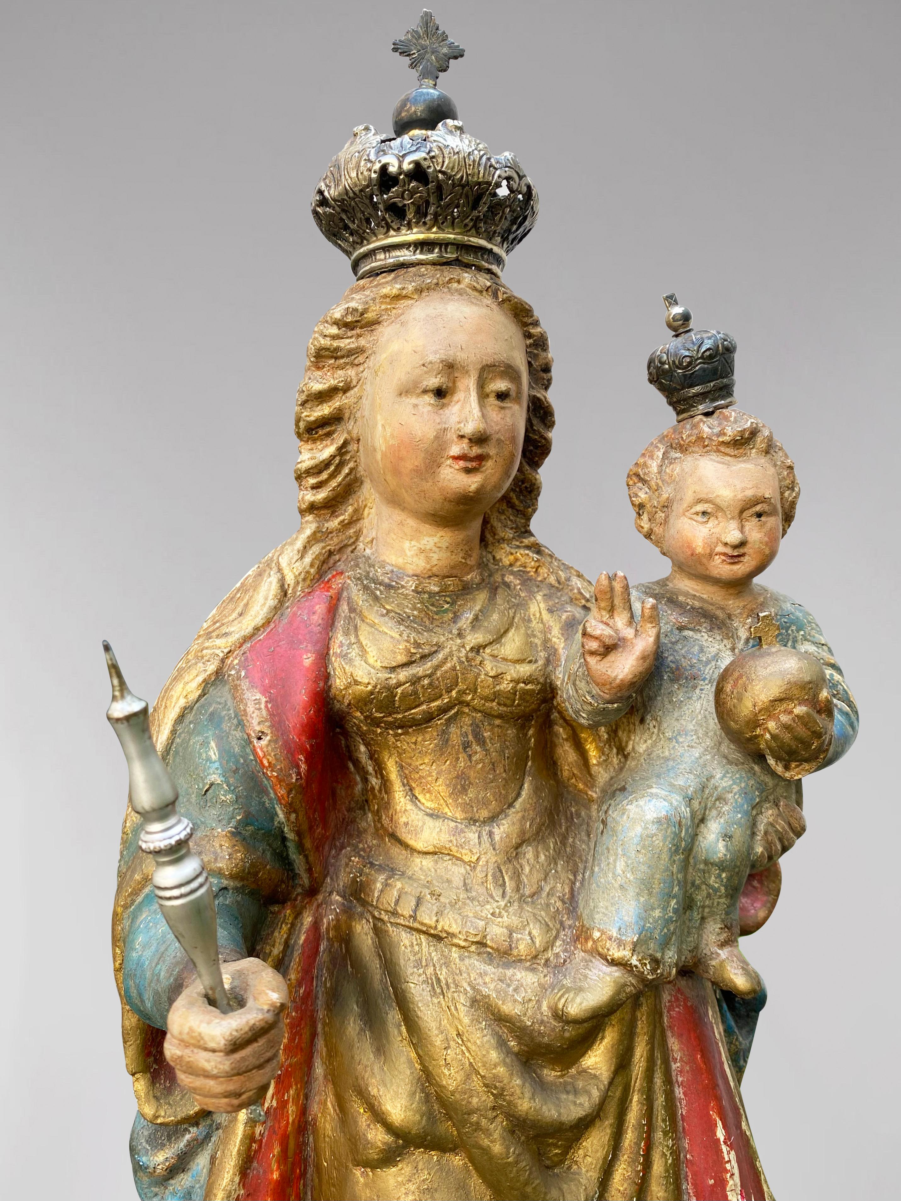 A Flemish Statue of Crowned Virgin Mary with Child Jesus, 17th Century - Renaissance Sculpture by Unknown