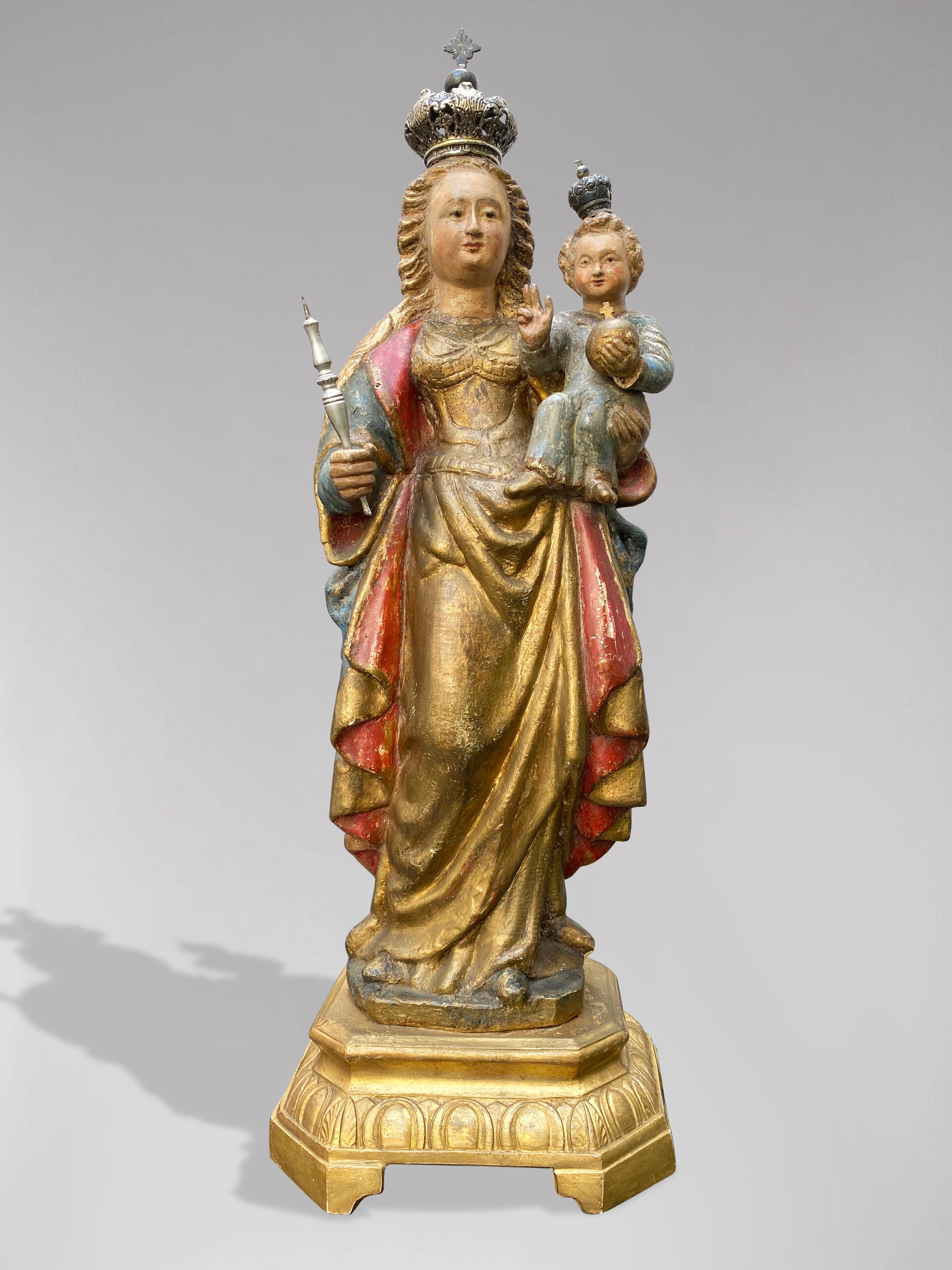Unknown Figurative Sculpture - A Flemish Statue of Crowned Virgin Mary with Child Jesus, 17th Century