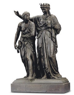 A FRENCH SCULPT-PATINATED SPELTER GROUP ENTITLED 'LA SCIENCE GUIDANT L'INDUSTRIE