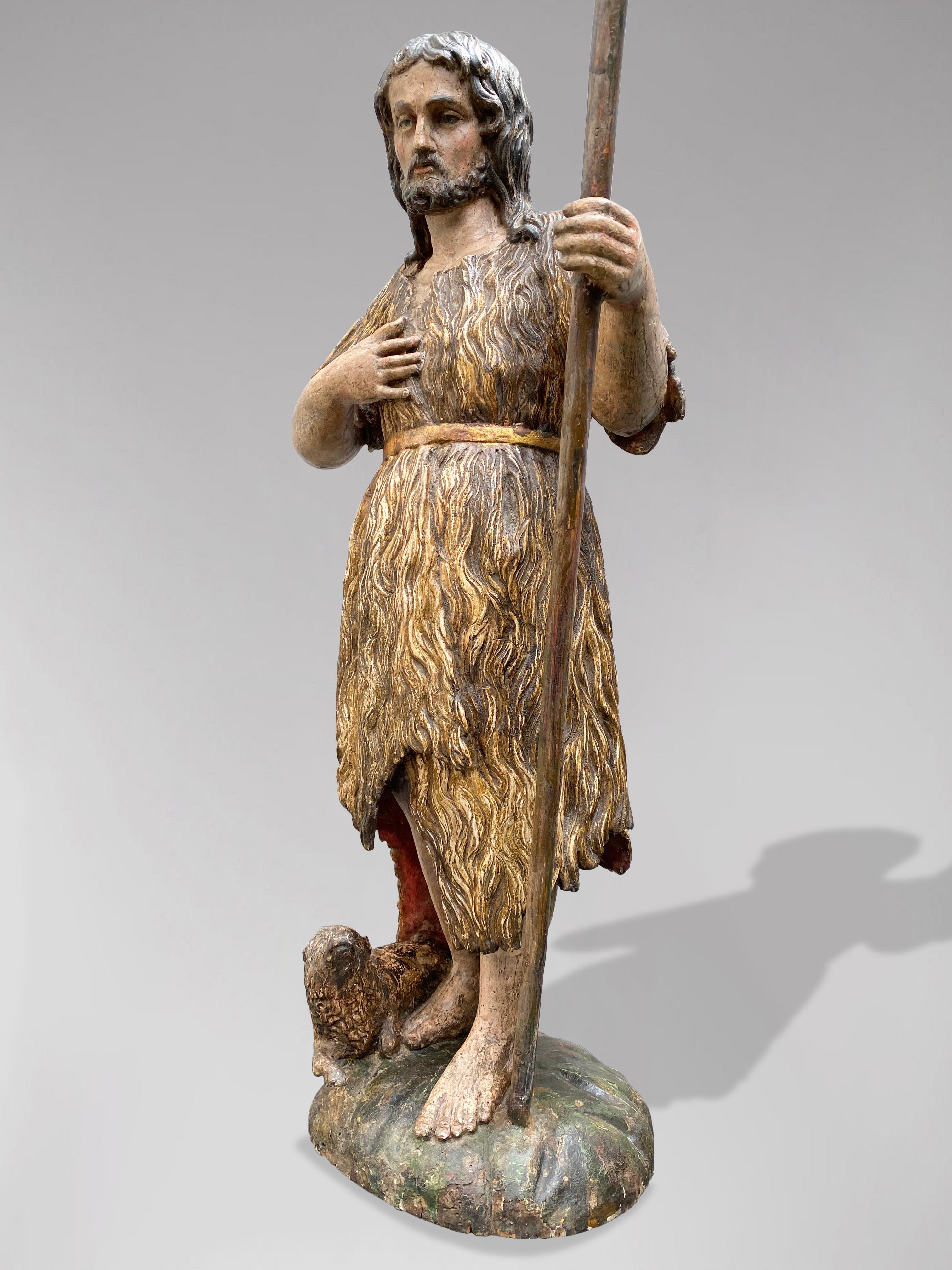 Statue française de Saint John The Baptist, Circa 1700, bois polychromé - Sculpture de Unknown