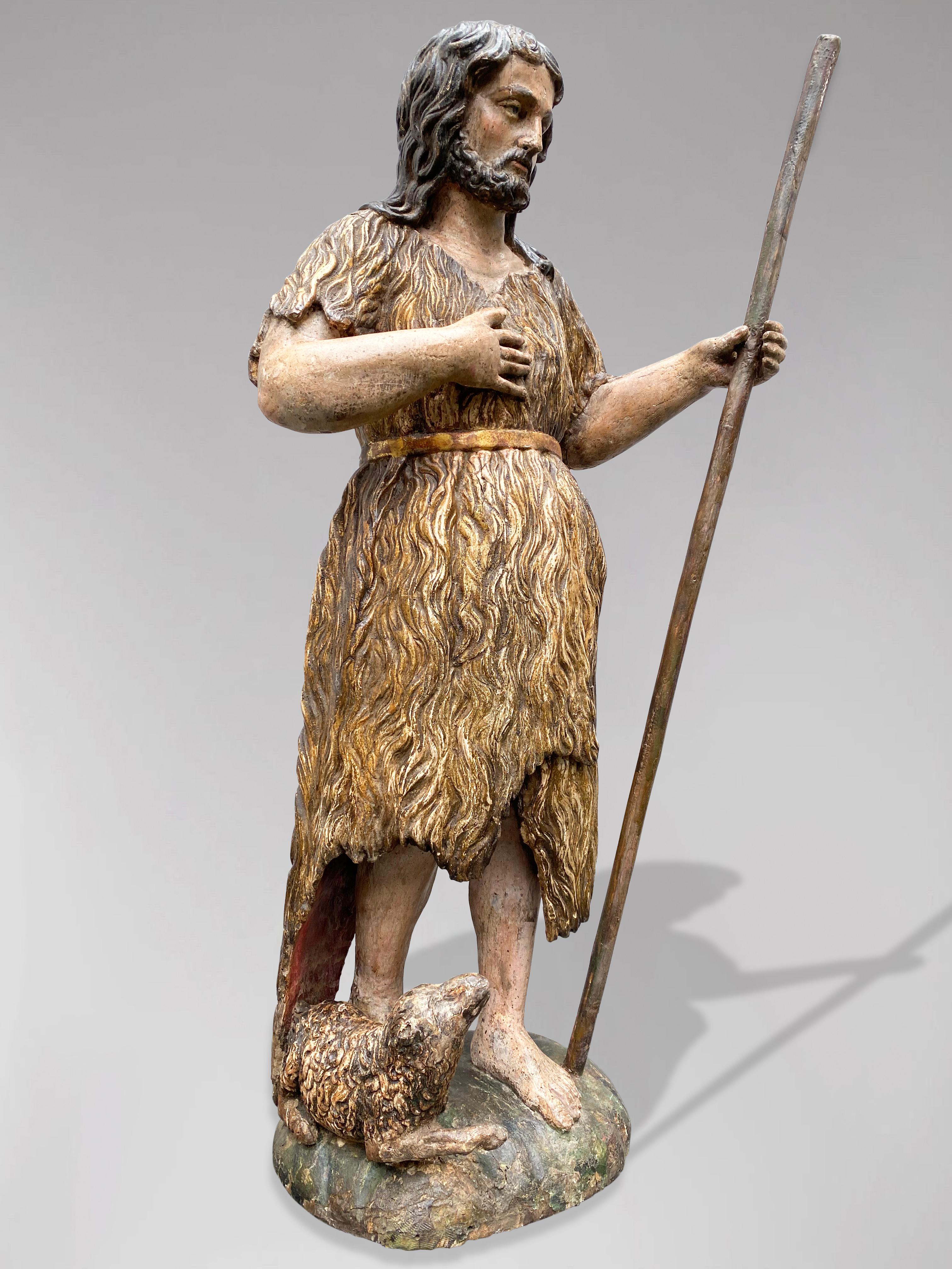 Statue française de Saint John The Baptist, Circa 1700, bois polychromé - Baroque Sculpture par Unknown