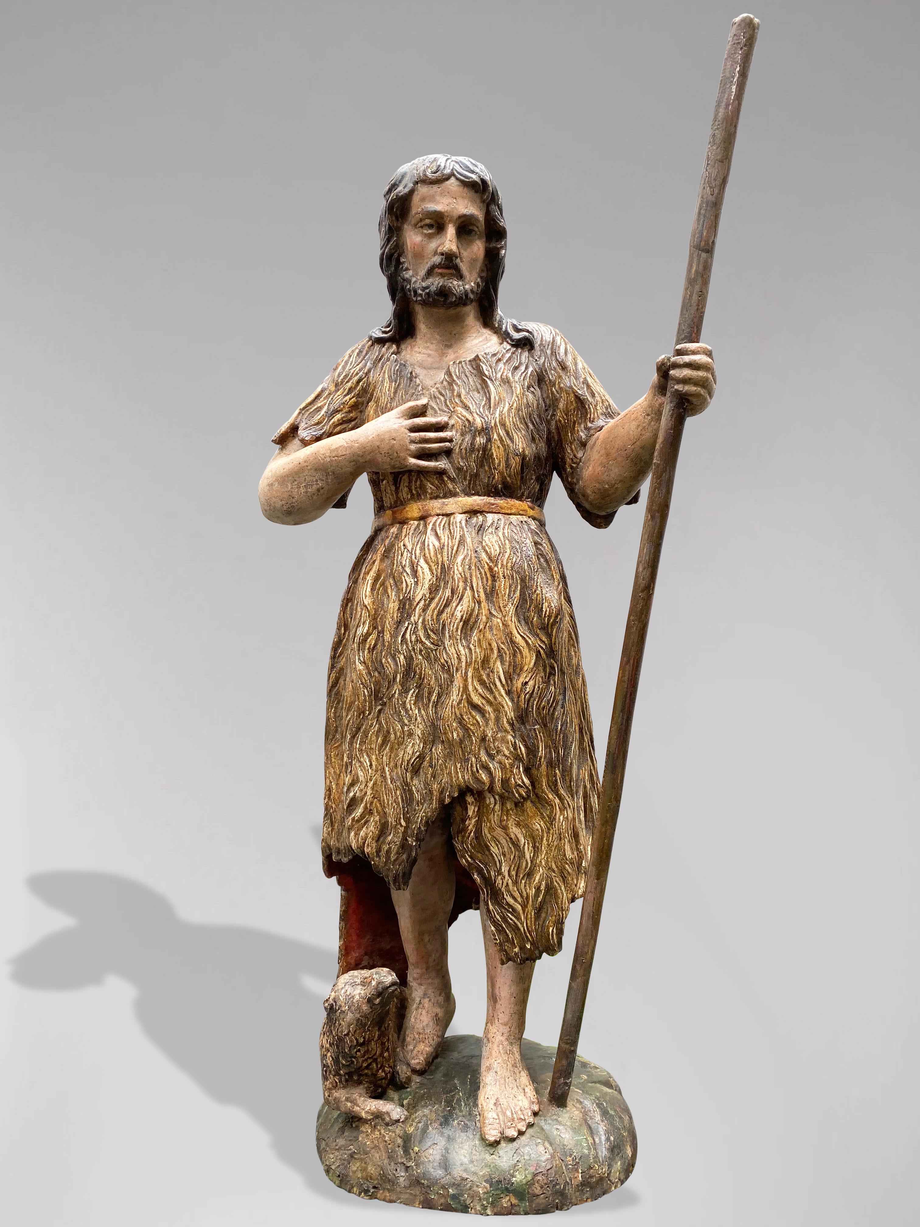 Figurative Sculpture Unknown - Statue française de Saint John The Baptist, Circa 1700, bois polychromé