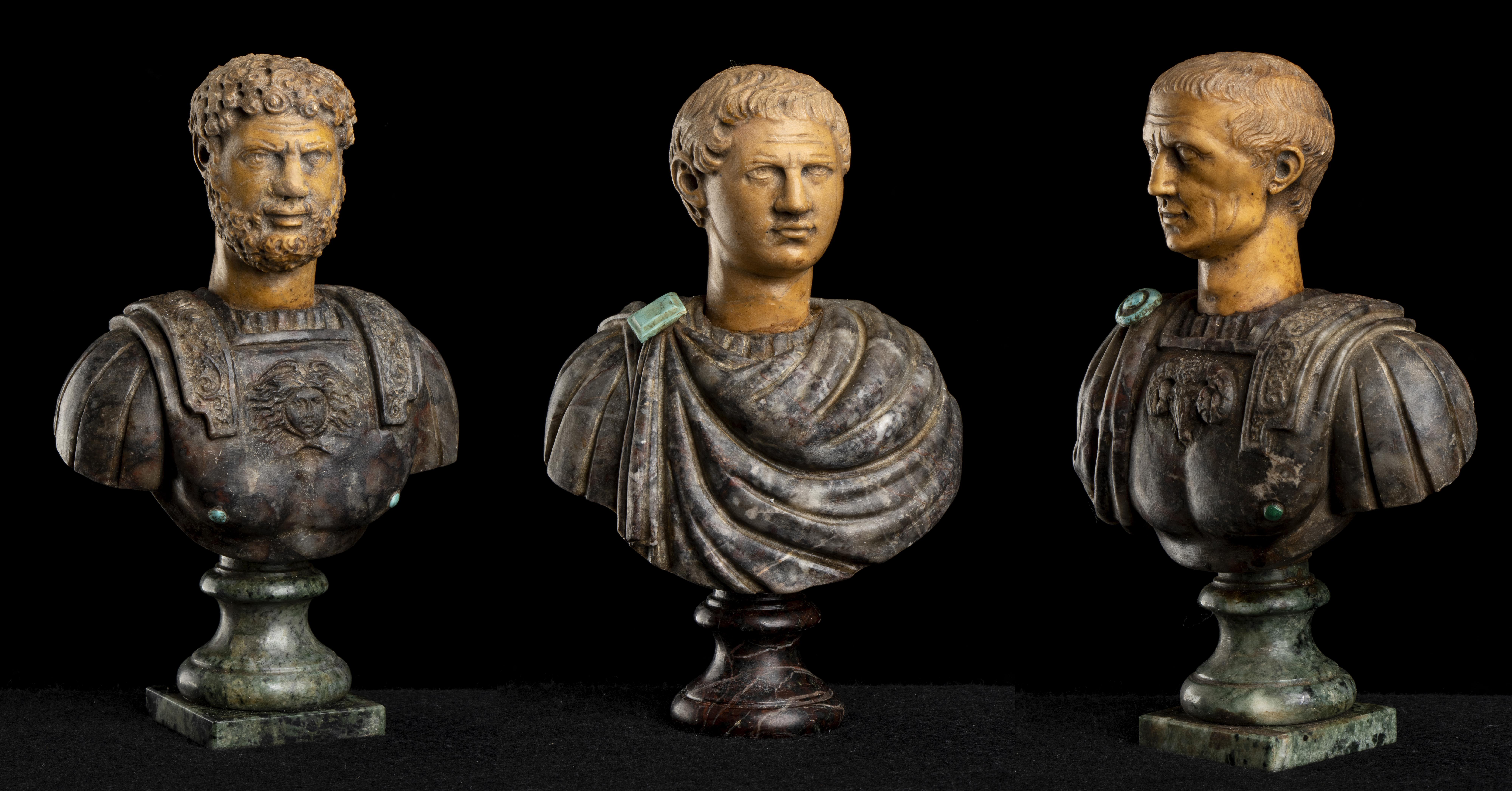 A Grand Tour Set of Three Polychrome Marble Busts Sculptures of Roman Emperors  1