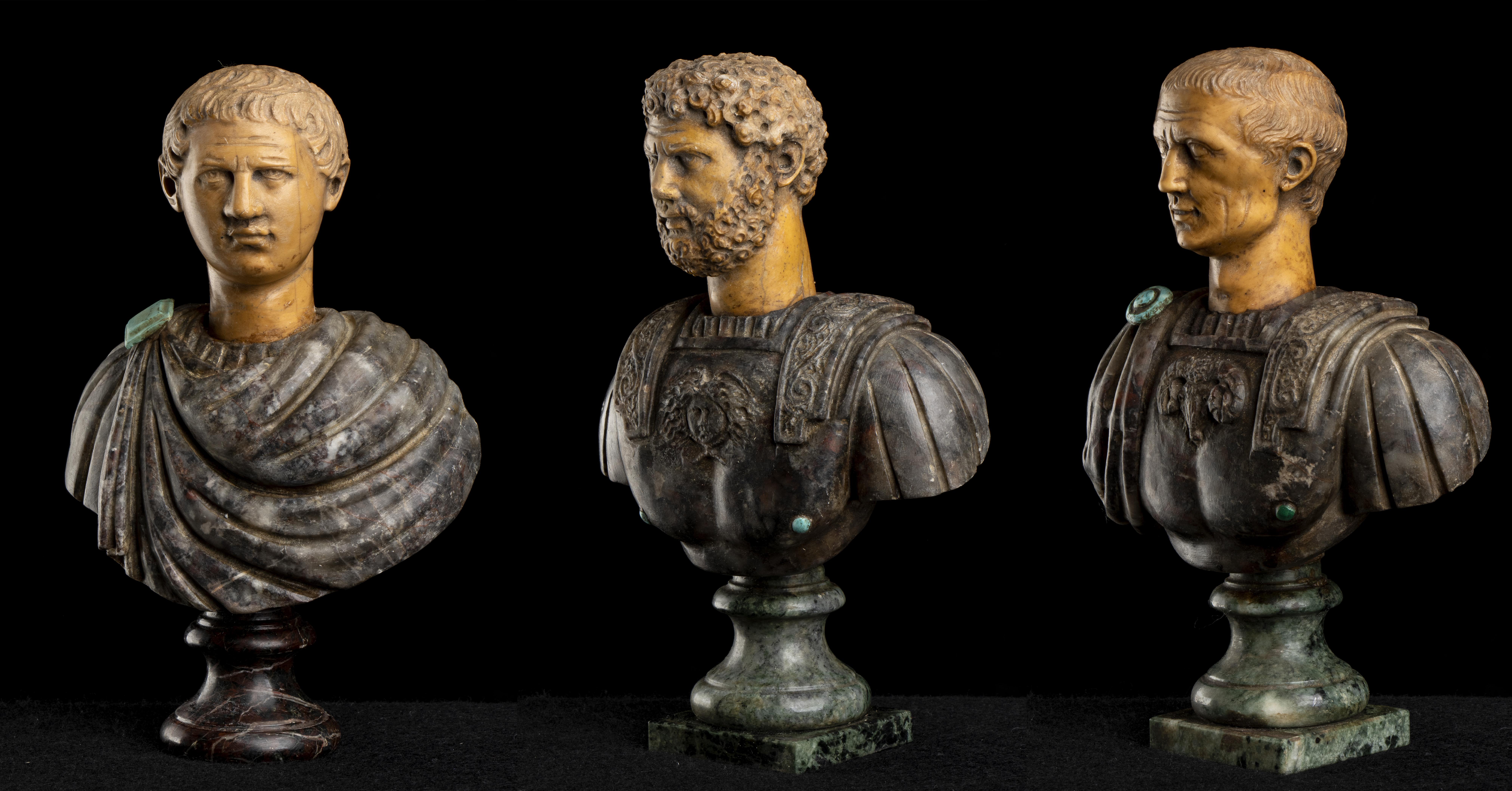 A Grand Tour Set of Three Polychrome Marble Busts Sculptures of Roman Emperors  2