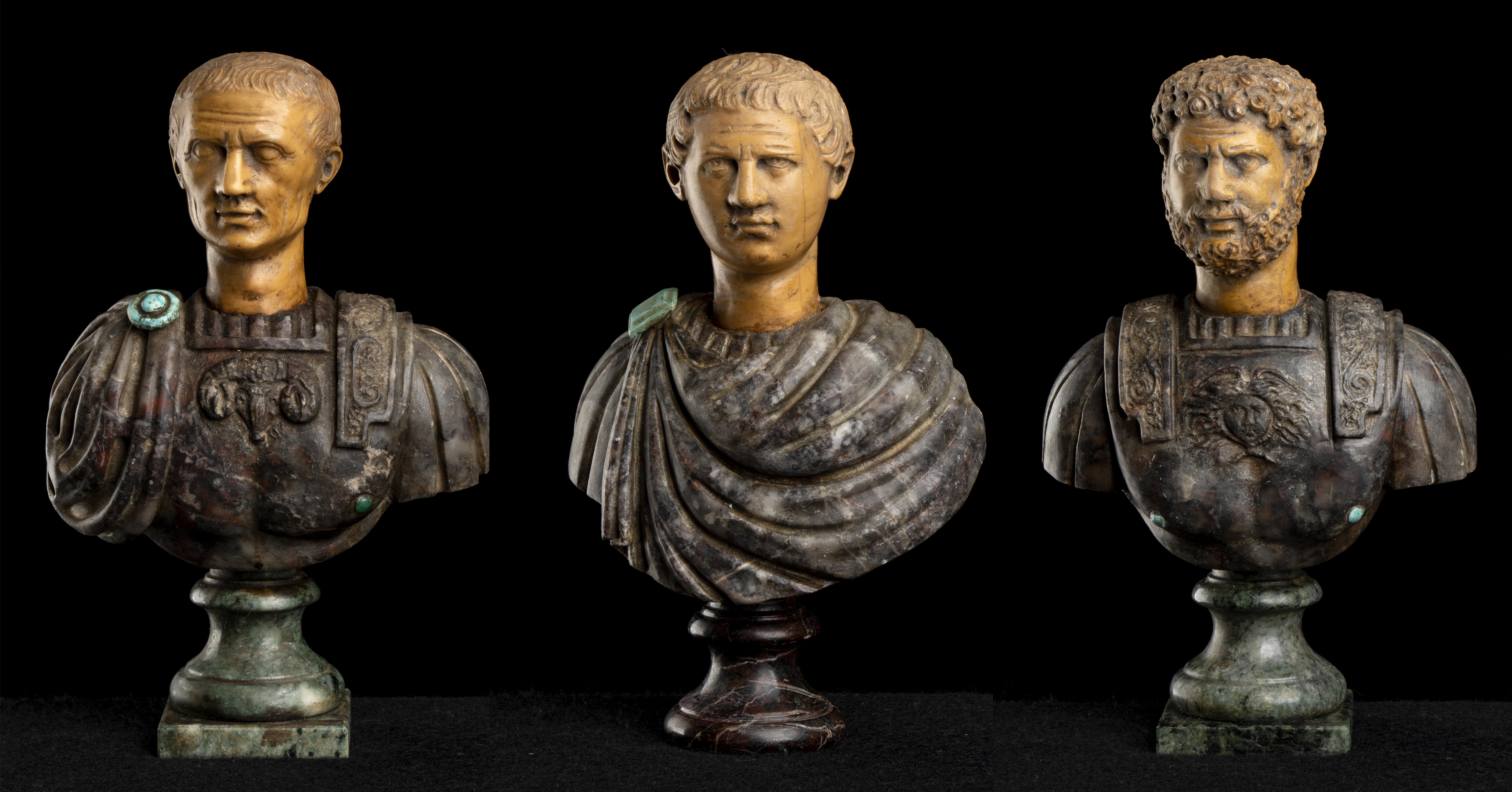 A Grand Tour Set of Three Polychrome Marble Busts Sculptures of Roman Emperors  7