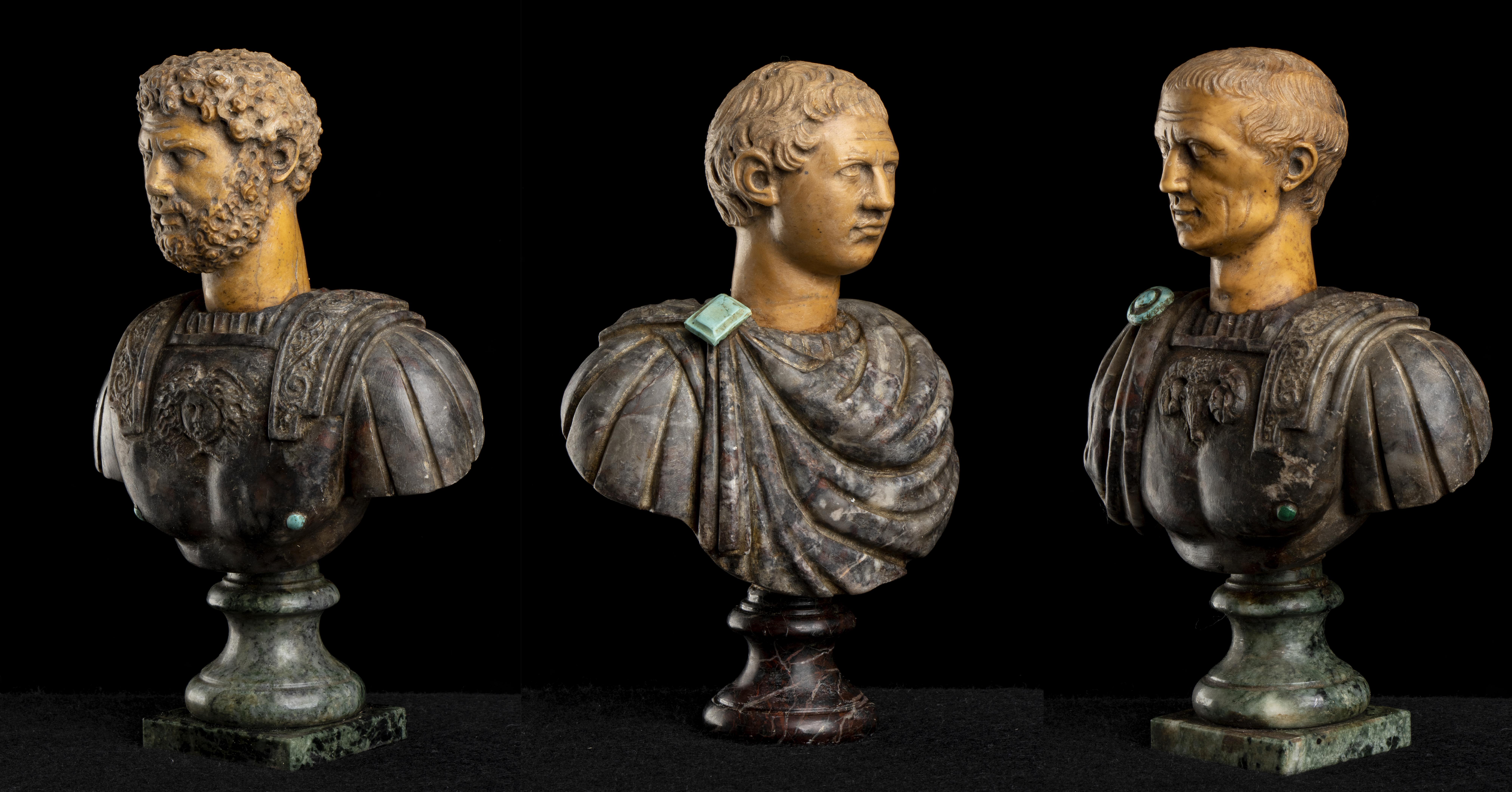A very interesting Italian polychrome marble set of three sculptures busts of roman emperors Hadrian and Tiberius and of Julius Caesar Grand Tour. The marbles used are specimen and rare marbles, the head in Giallo antico latin name "Marmor