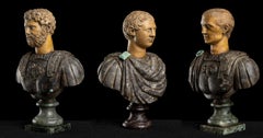 A Grand Tour Set of Three Polychrome Marble Busts Sculptures of Roman Emperors 
