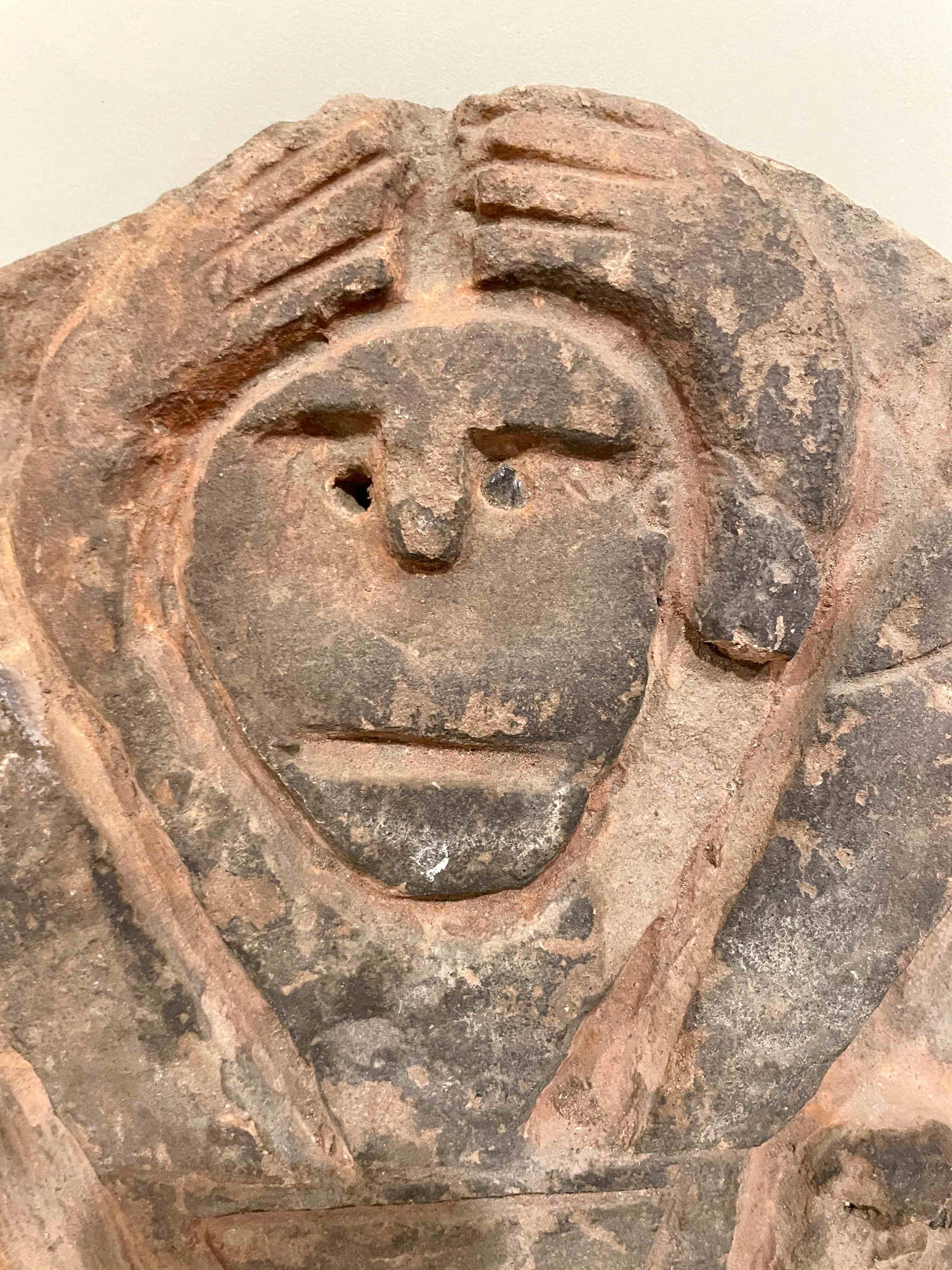 A Grouping of Three Period Figural Ancestor Posts; Mexican Tribal Figures, Possibly Pre-Columbian Aztec.  Each are Terra cotta or sandstone with obsidian glass inlay to the eyes;  Dating prior to 1968.  Each measuring approximately 18 inches high x