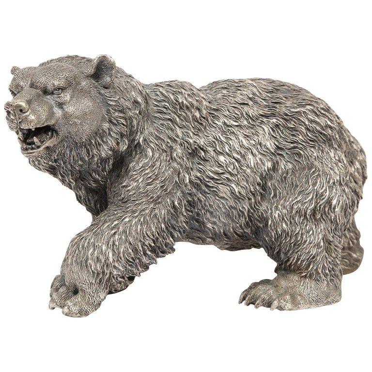 Unknown Figurative Sculpture - A Large Antique French Silvered Figure of Polar Bear, circa 1900
