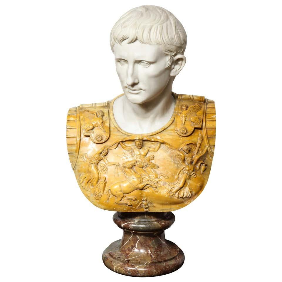 Unknown Figurative Sculpture - A Museum Quality Carrara and Sienna Marble Bust of Julius Augustus Caesar, 1850