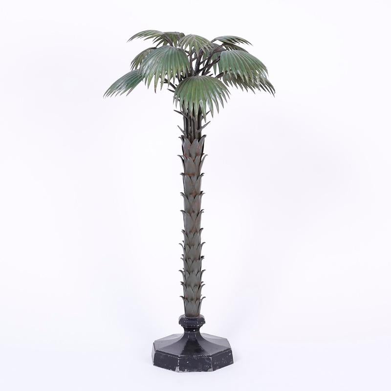 A wonderful tall painted and patinated antique metal palm tree sculpture, with great patina. A few scratches etc. consistent with age.