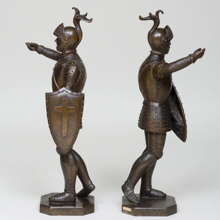 A Pair Of Patinated Bronze Medieval Crusader Sculptures / Figures with Armor and Shields, Late 19th Century.

Signed L. BROCIUTTI to the back, with applied labels to the front, and with museum inventory numbers.

Provenance: Property of the Glenbow