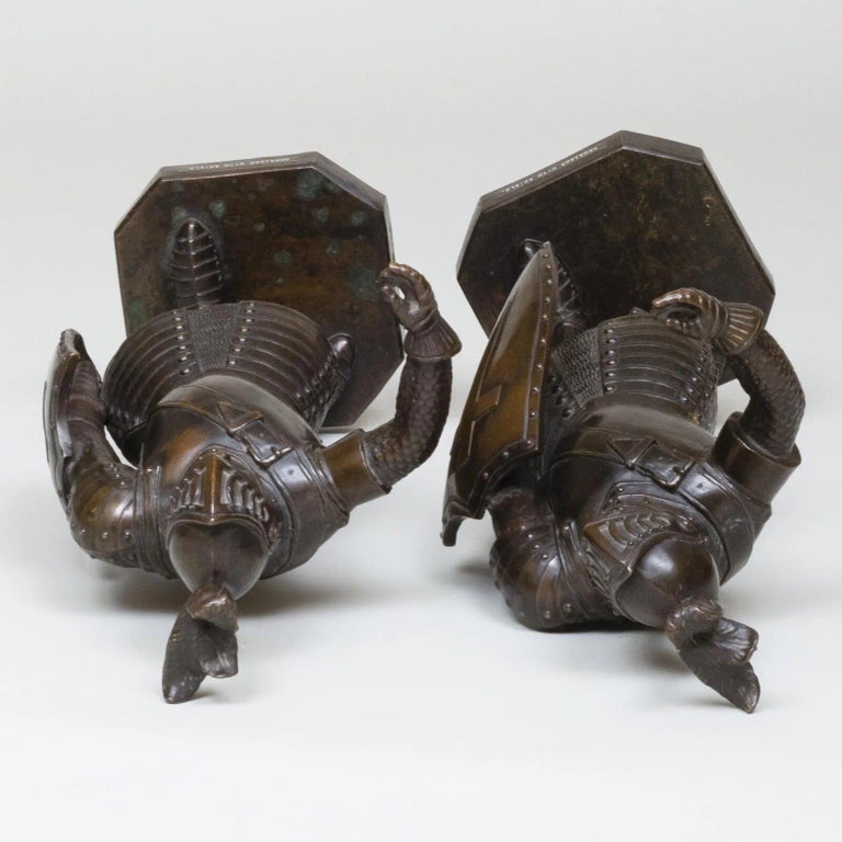 A Pair Of Patinated Bronze Medieval Crusader Sculptures with Armor and Shields 1