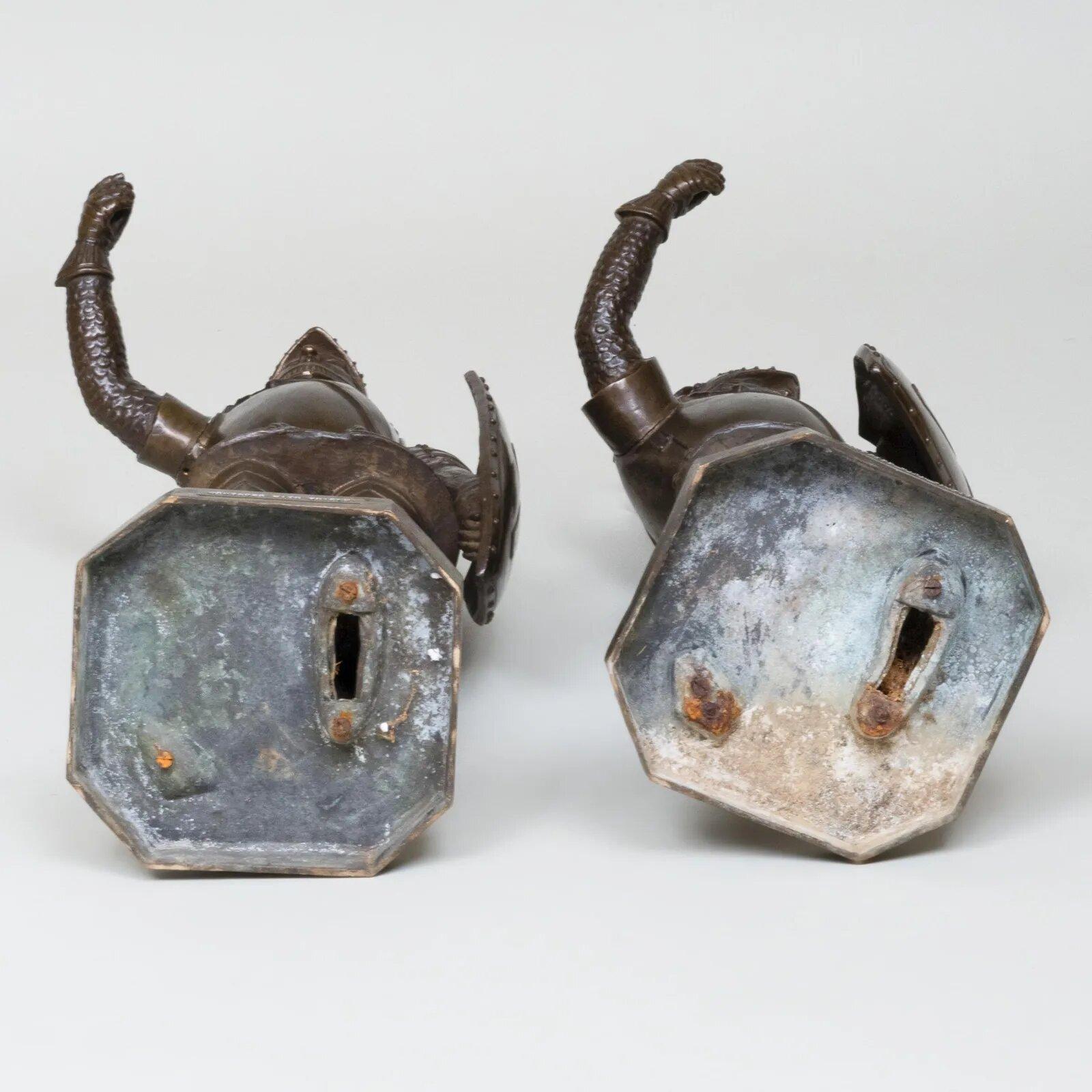 A Pair Of Patinated Bronze Medieval Crusader Sculptures with Armor and Shields 2