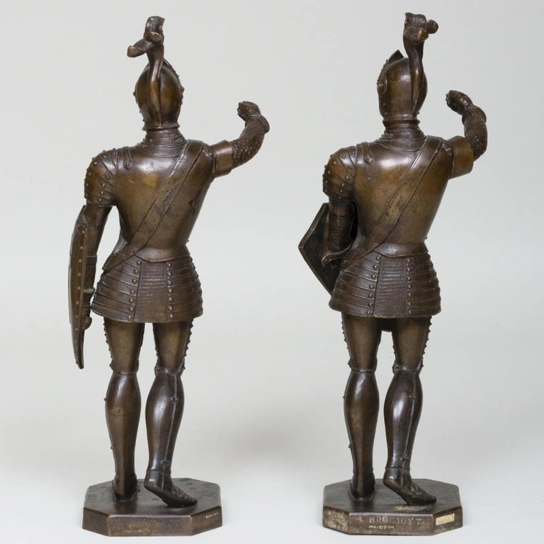 A Pair Of Patinated Bronze Medieval Crusader Sculptures with Armor and Shields 3