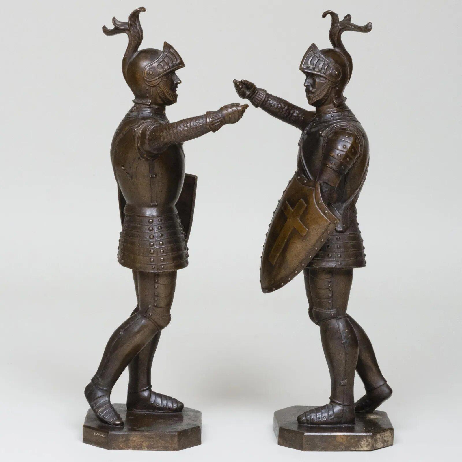 A Pair Of Patinated Bronze Medieval Crusader Sculptures with Armor and Shields 4
