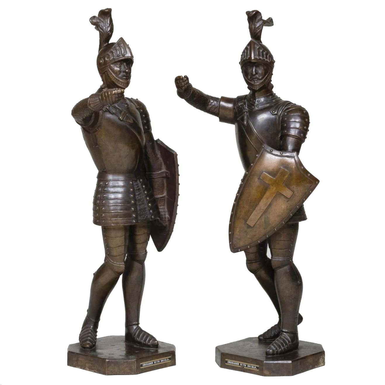 Unknown Figurative Sculpture - A Pair Of Patinated Bronze Medieval Crusader Sculptures with Armor and Shields