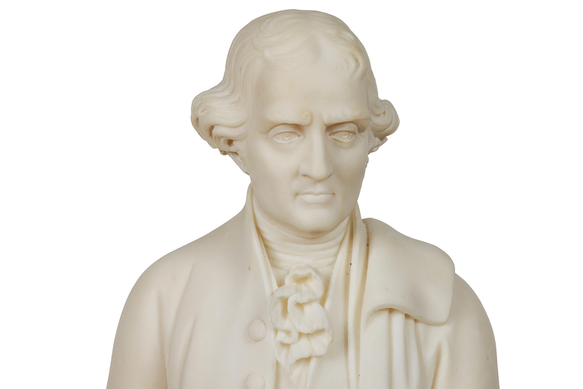 A Rare and Important American White Marble Sculpture of Thomas Jefferson Holding The Declaration of Independence. Circa 1870, in the Manner of Horatio Stone (1808 –1875).

Inscribed on scroll: 'The Declaration of Independence, It becomes necessary