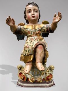 Statue espagnole d'un ange assis sur un piédestal avec des bras ouverts, début du 19e siècle