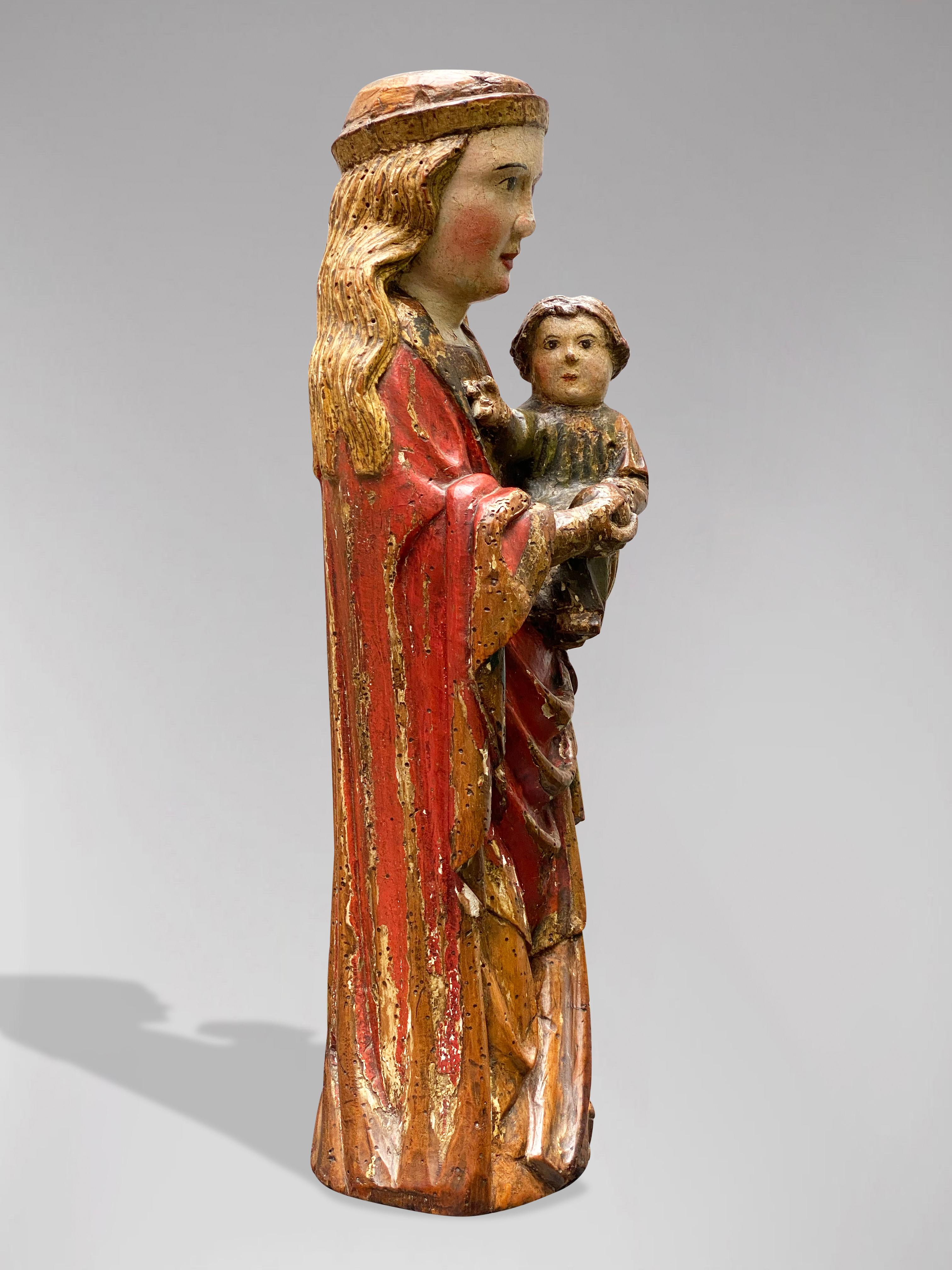 Description: A Spanish Statue of the Virgin Mary with Child Jezus, Circa 1600, polychromed wood

Statue : Madonna and Child
Object Type: Statuette
Artist, Sculptor / Maker: Unknown
Place of Origin: Spain
Period: Circa 1600
Materials and Techniques: