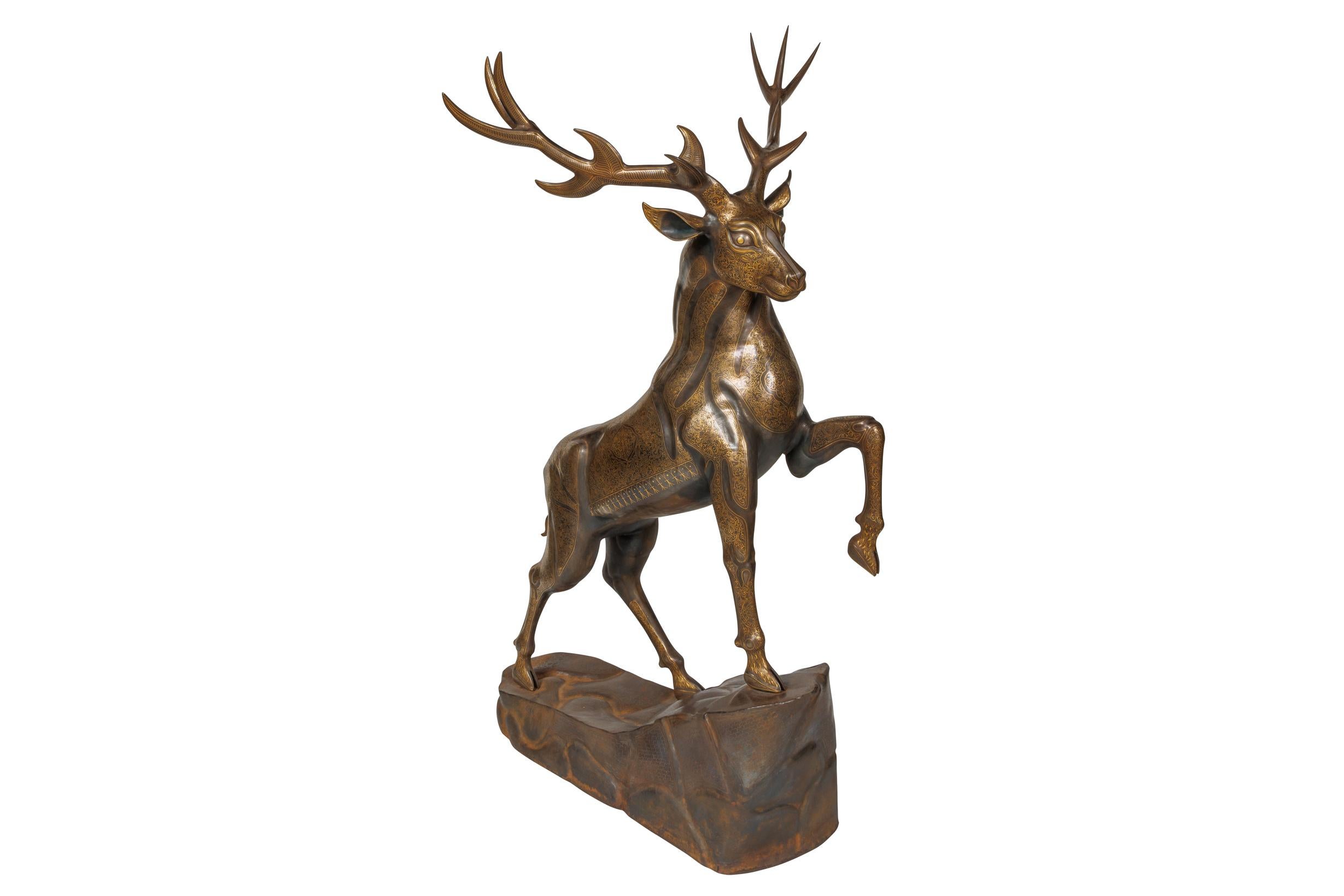 An Exceptional Life-Size Middle Eastern Gold-Inlaid Steel Deer Sculpture