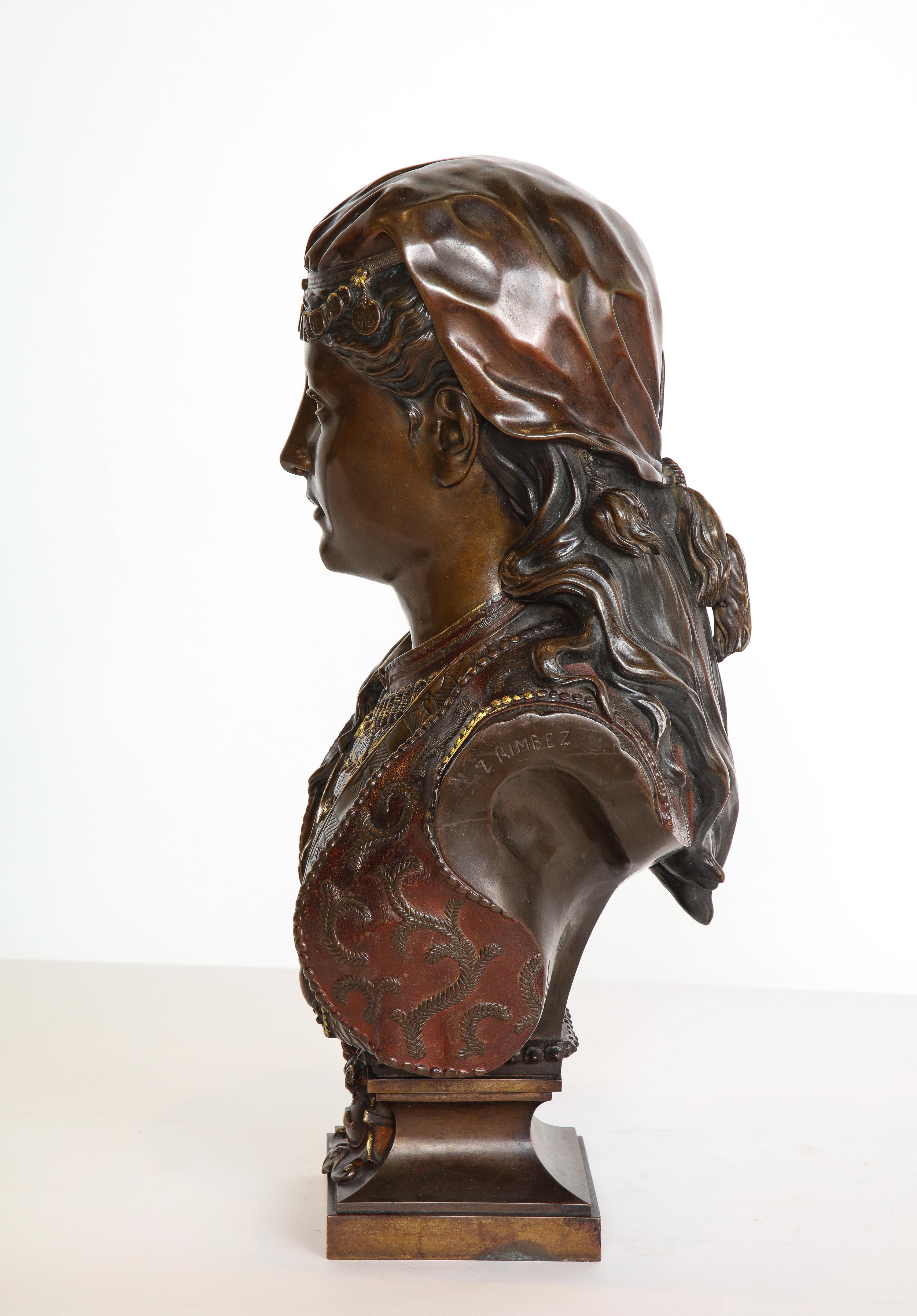 An Exquisite French Multi-Patinated Orientalist Bronze Bust of A Turkish Beauty, by Zacharie Rimbez, late 19th century.

Signed 'Z. Rimbez' (on the left shoulder)

Please check our other listings for another bust by Rimbez (could be a pair).

22
