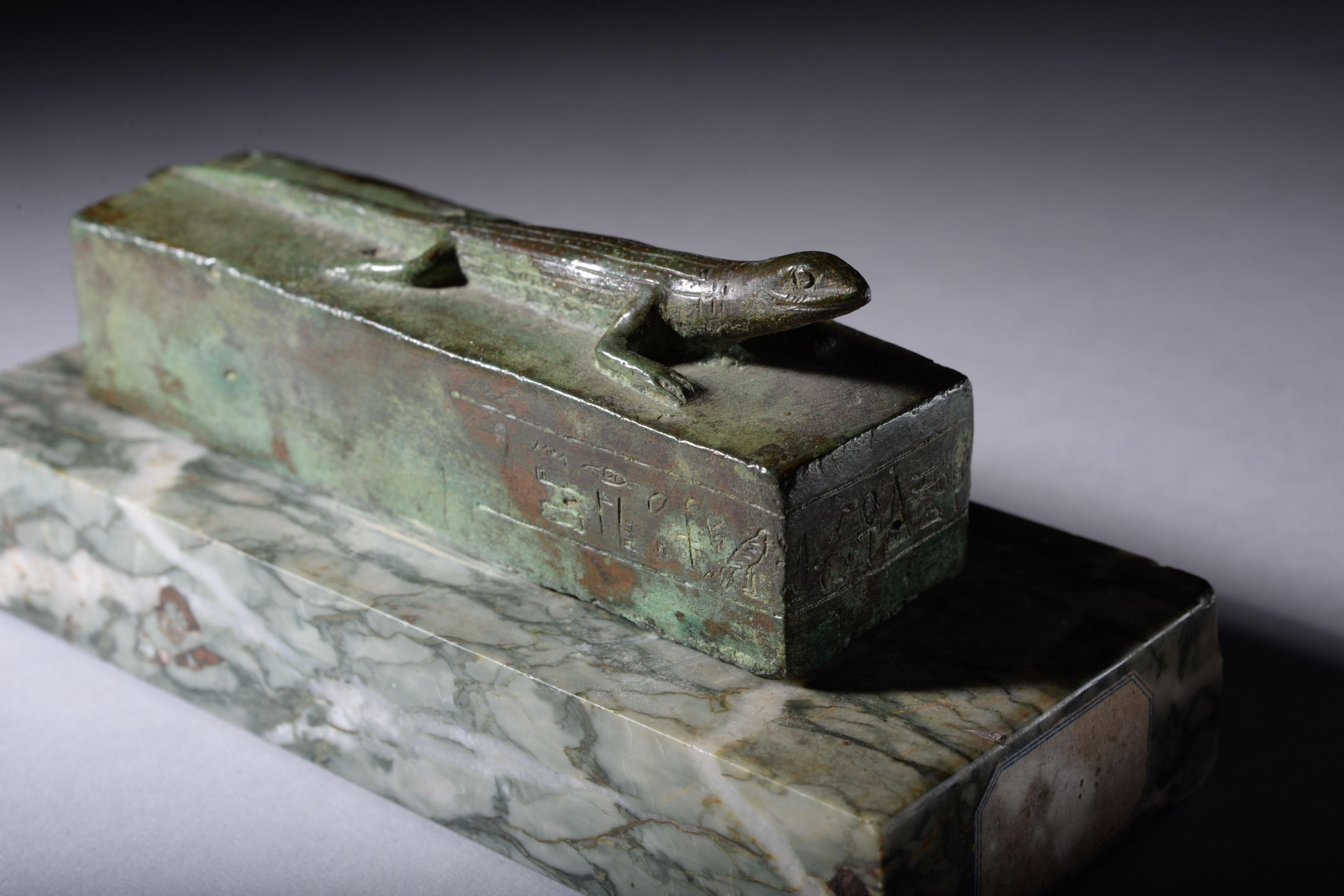 Ancient Egyptian Bronze Lizard Sarcophagus - Gold Figurative Sculpture by Unknown