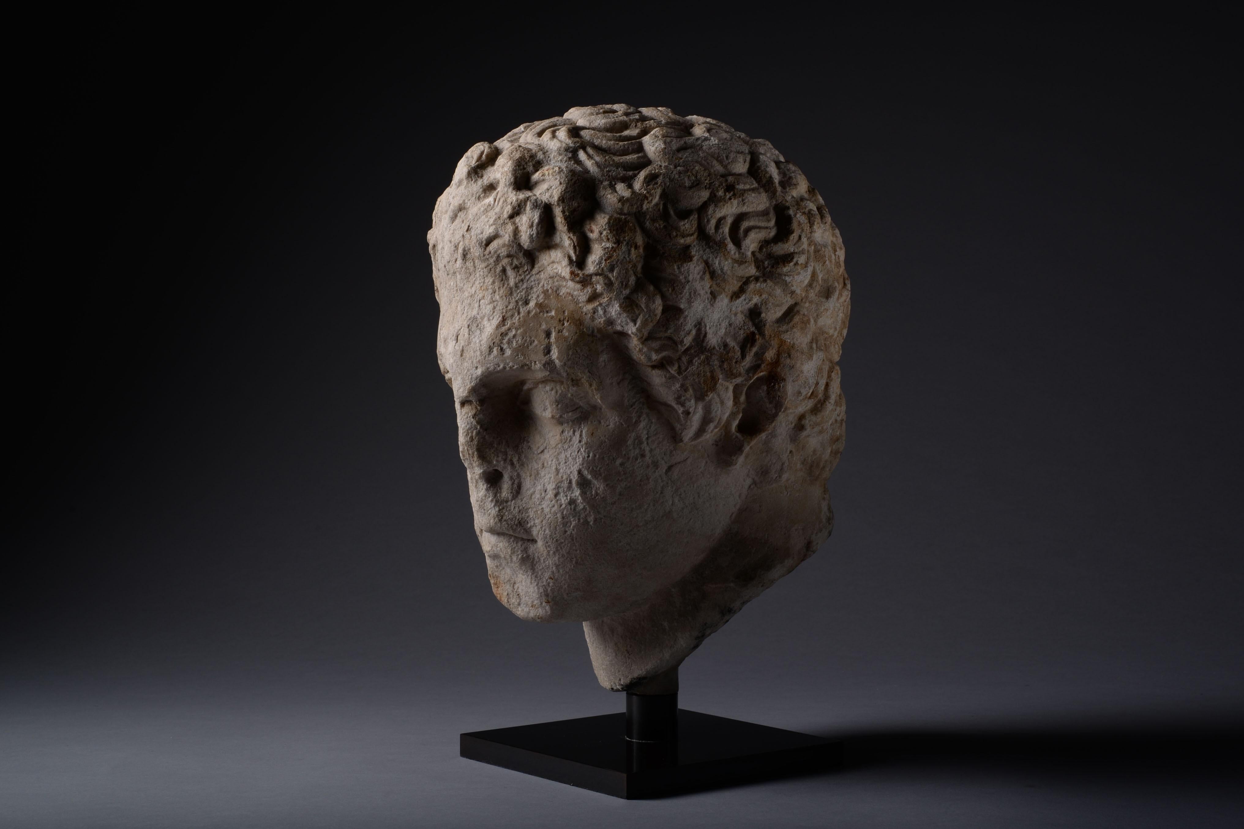 Ancient Greek Hellenistic Marble Head of an Athlete - Black Figurative Sculpture by Unknown