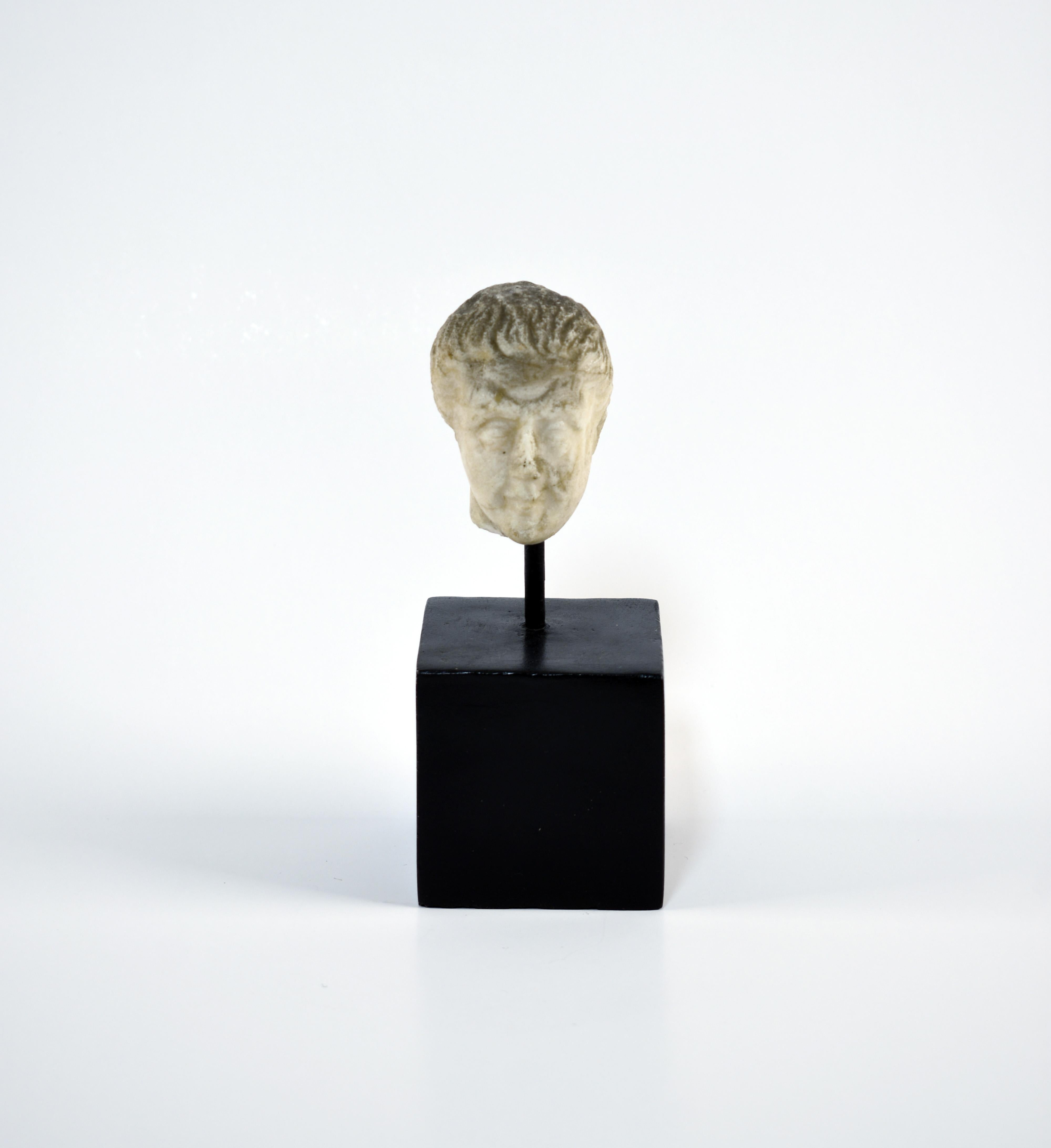 Ancient Roman Carved Marble Head Sculpture Fragment on Stand