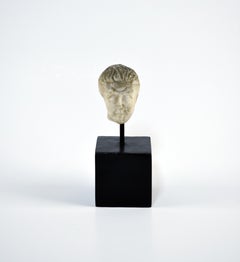 Ancient Roman Carved Marble Head Sculpture Fragment on Stand