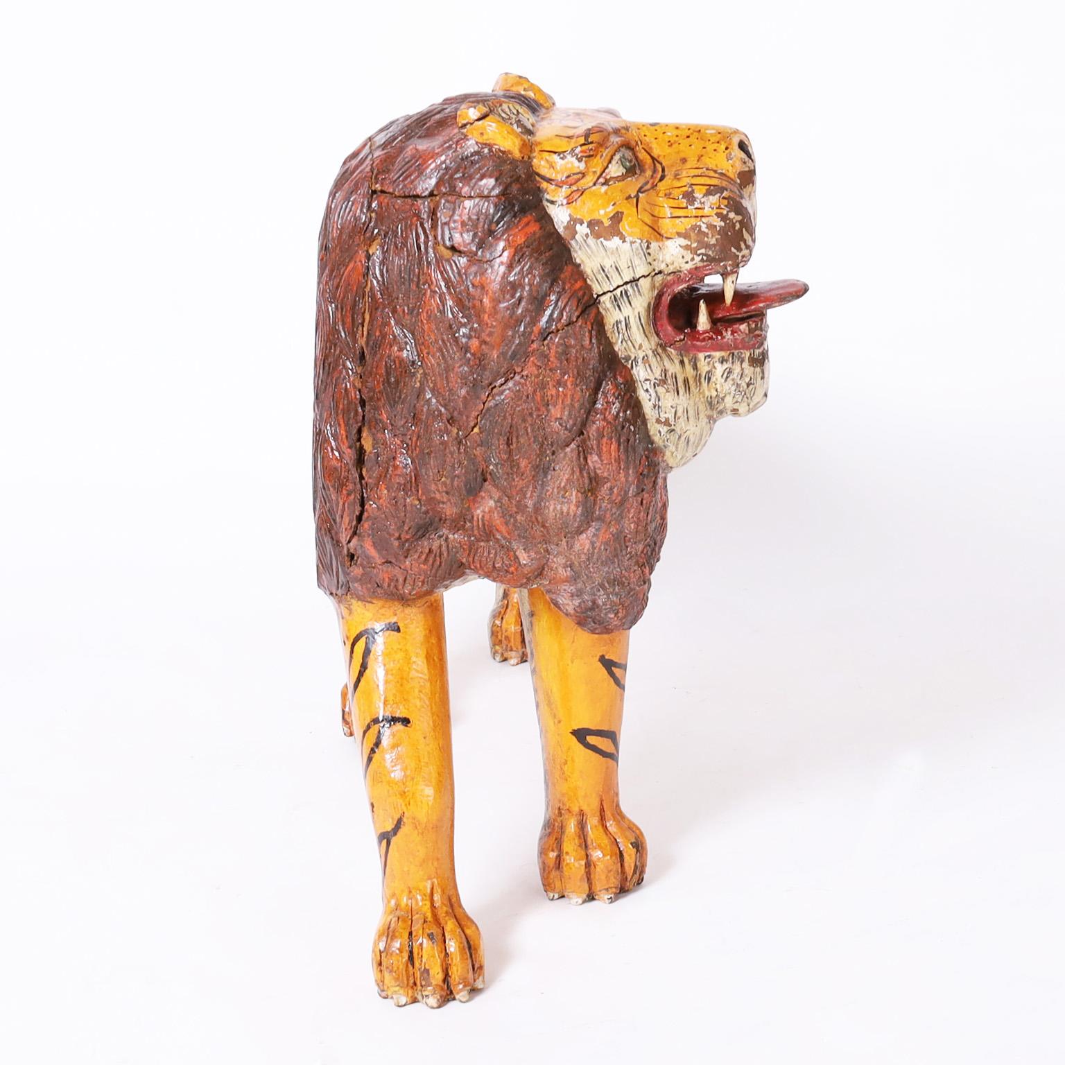 Anglo Indian Folk Art Carved Wood Lion Tiger - Other Art Style Sculpture by Unknown