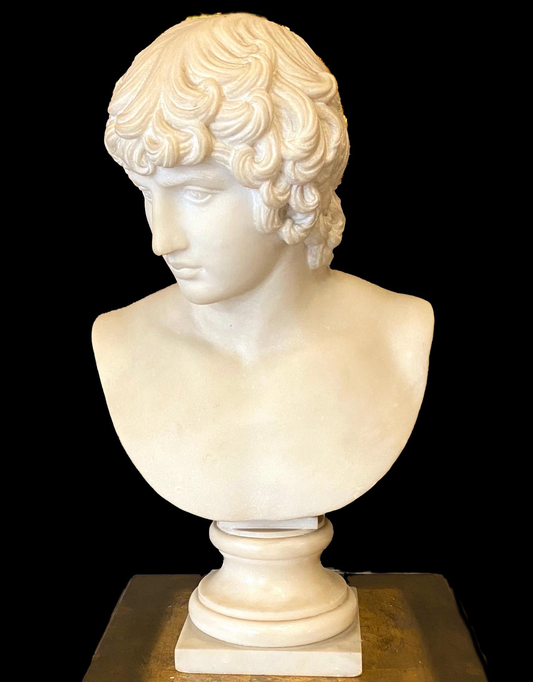 ANTINOUS Sensual Italian Neoclassical Carrara Marble Bust Sculpture