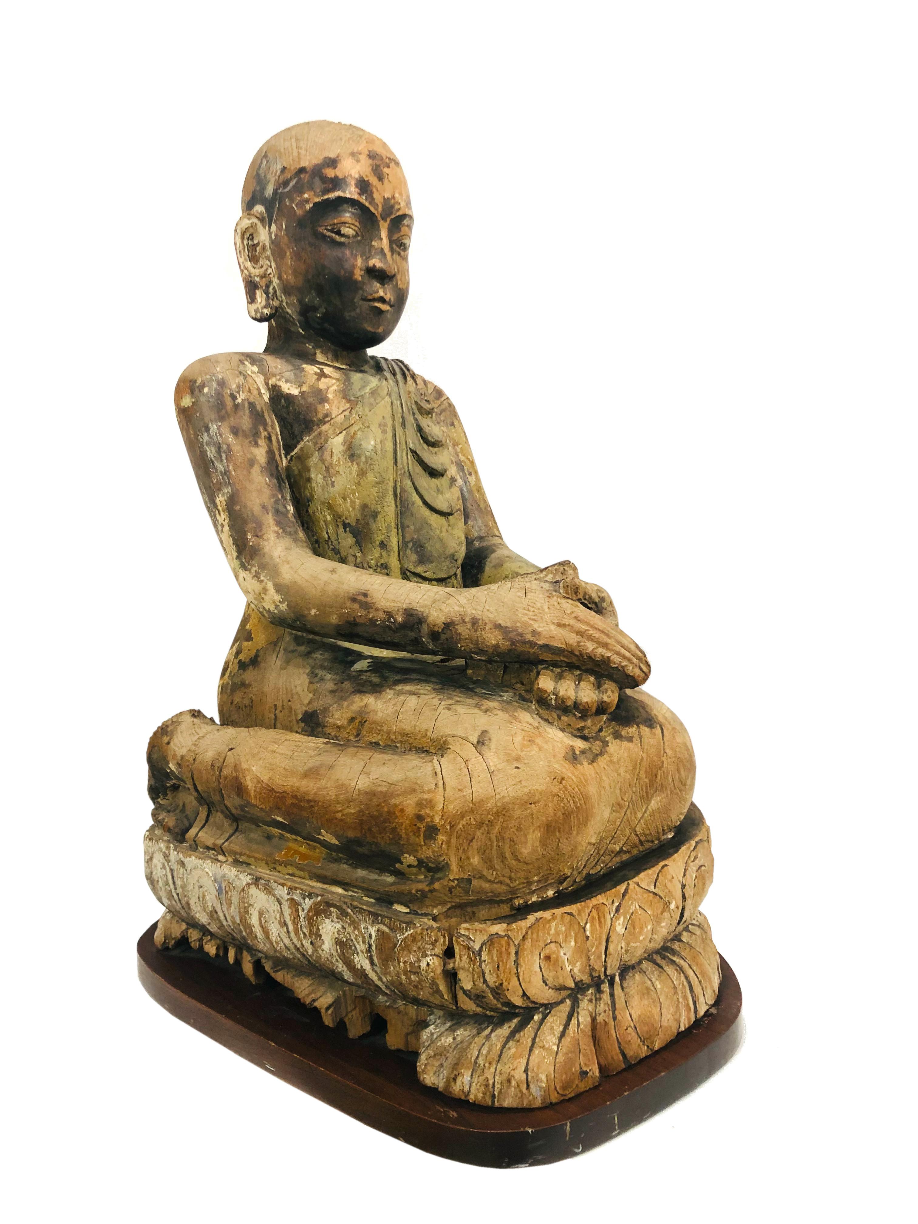 Unknown Figurative Sculpture -  Antique Asian Buddhist Monk Wood Sculpture 