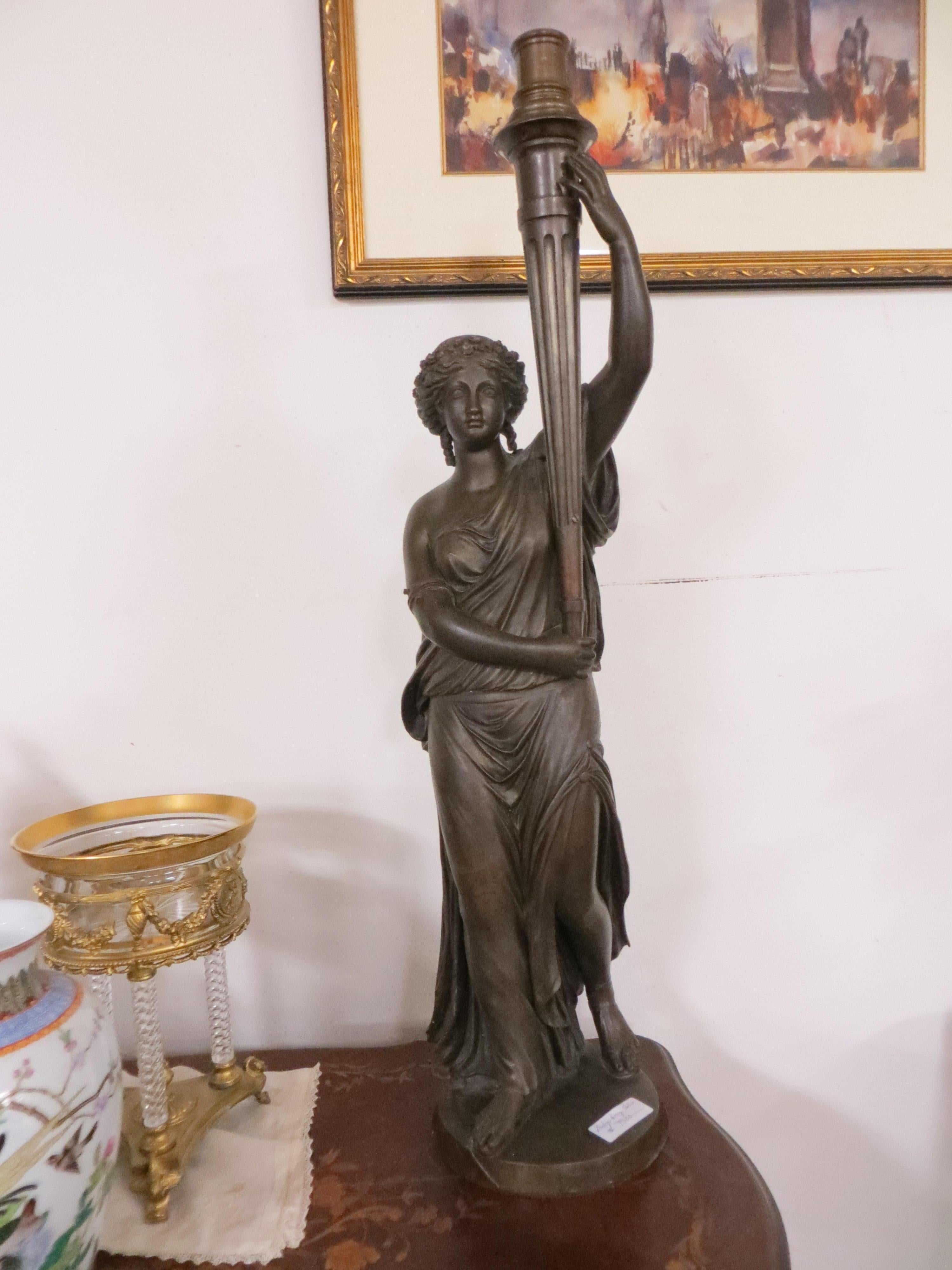 Antique Bronze, Lady w/ Lamp Statue - Sculpture by Unknown