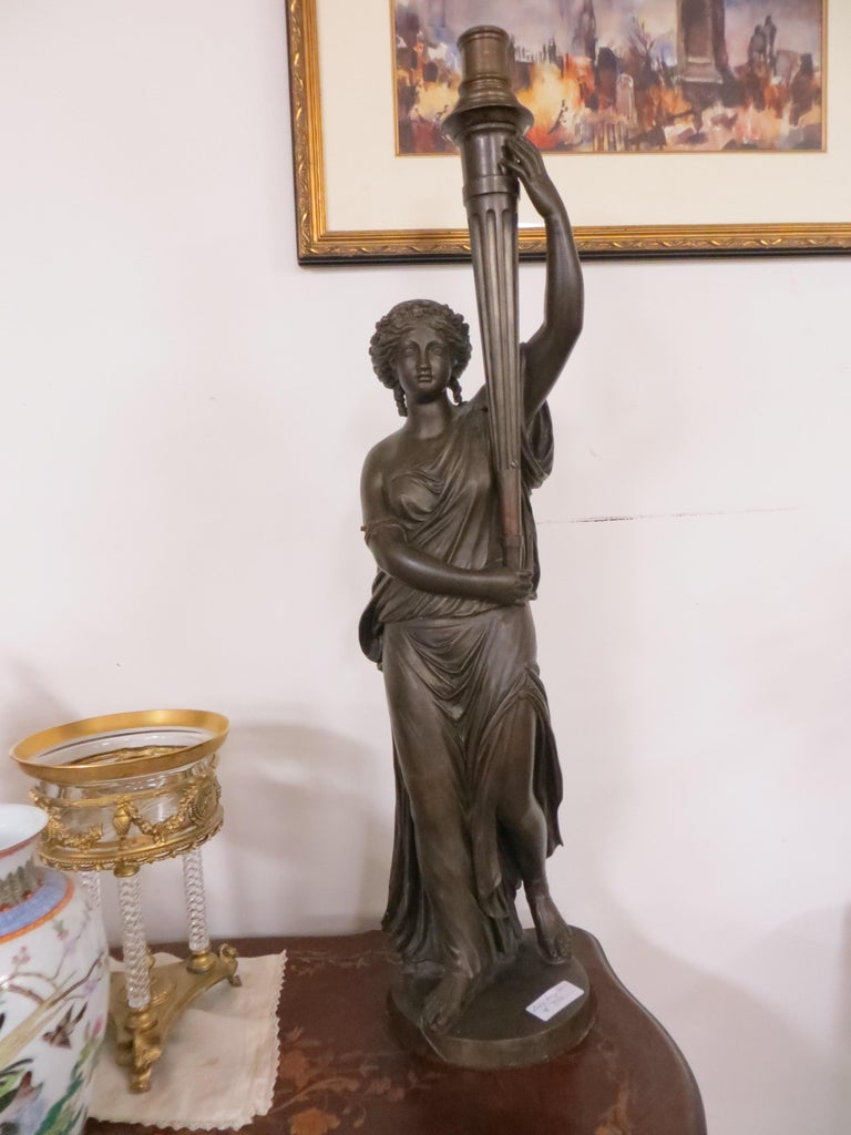 Unknown Antique Bronze, Lady w/ Lamp Statue For Sale at 1stDibs