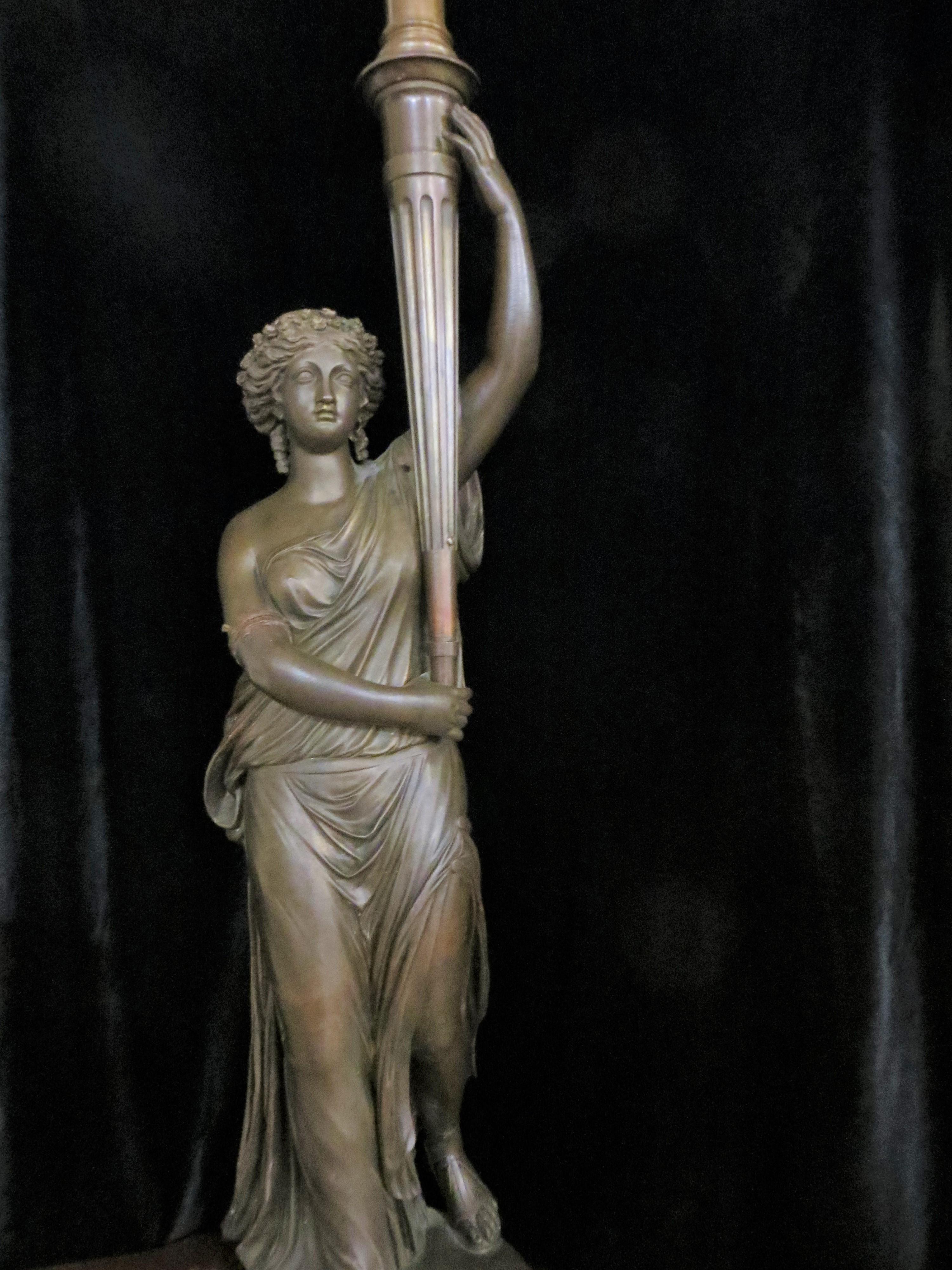 Unknown Figurative Sculpture - Antique Bronze, Lady w/ Lamp Statue