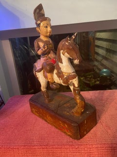 antique Burmese hand-carved wooden statue of a Nat spirit guardian on a horse