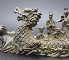 Antique Copper Dragon Boat Eight Immortals Statue Desktop Ornament Feng Shui