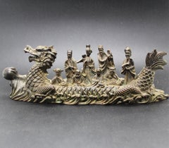 Antique Copper Dragon Boat Eight Immortals Statue Desktop Ornament Feng Shui