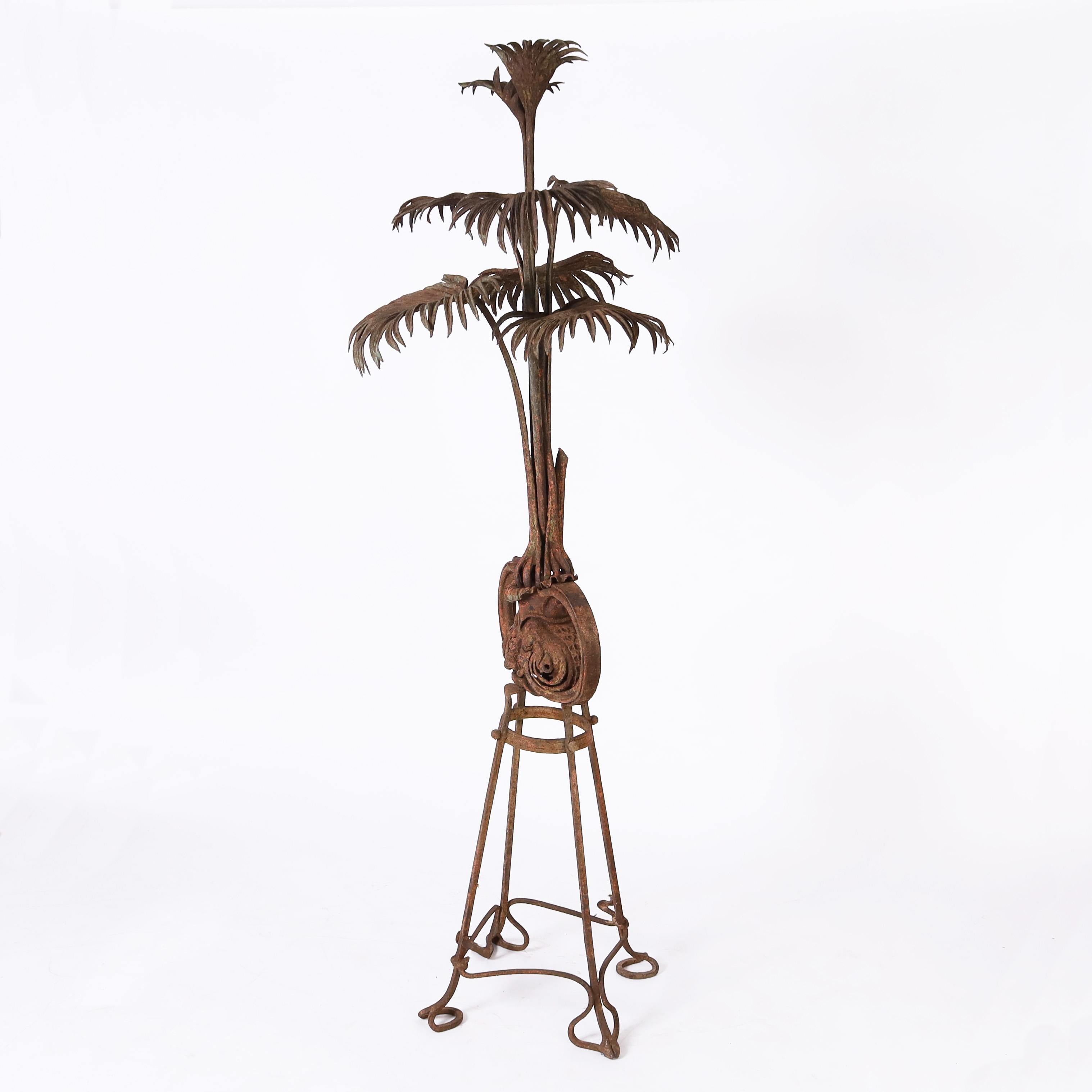 Antique French Art Nouveau Iron Palm Plant Sculpture on Stand For Sale 1