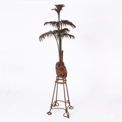 Antique French Art Nouveau Iron Palm Plant Sculpture on Stand