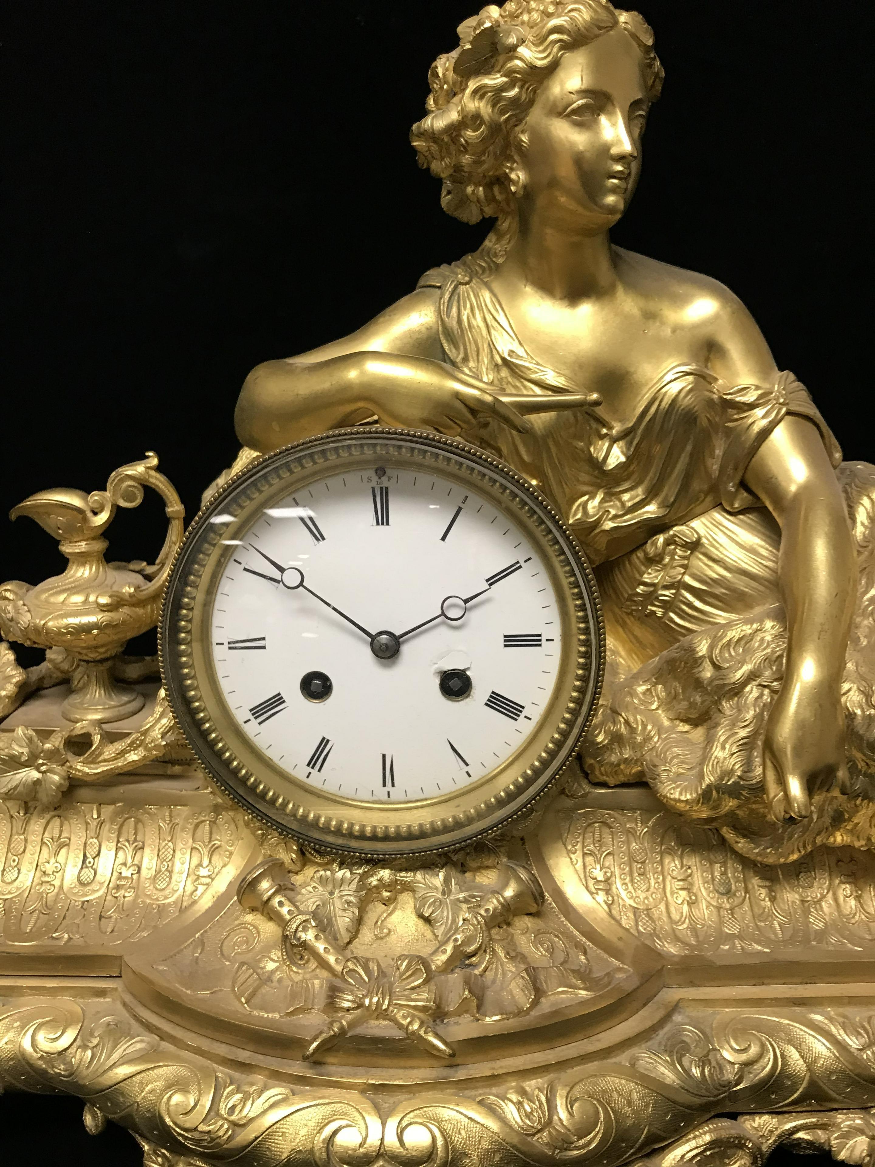 Antique Gilt Bronze French Mantle Clock - Gold Figurative Sculpture by Unknown