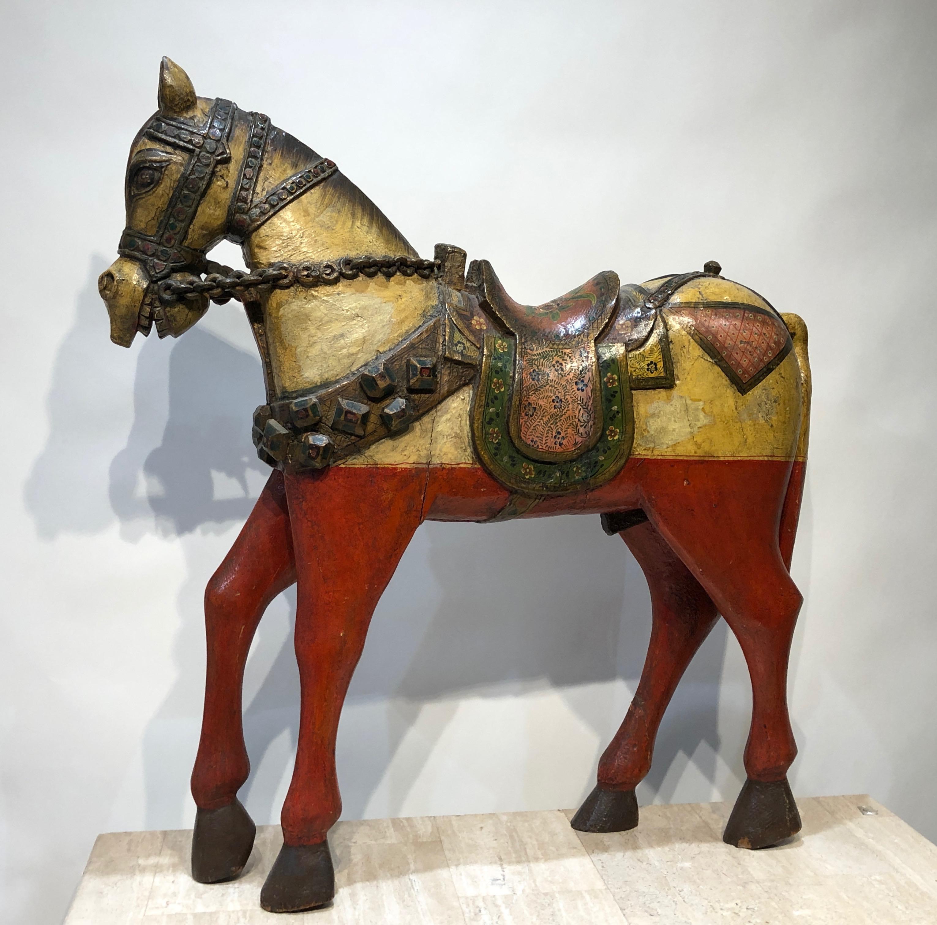 Antique Indonesian Horse, yellow, red, sculpture, free standing  For Sale 3
