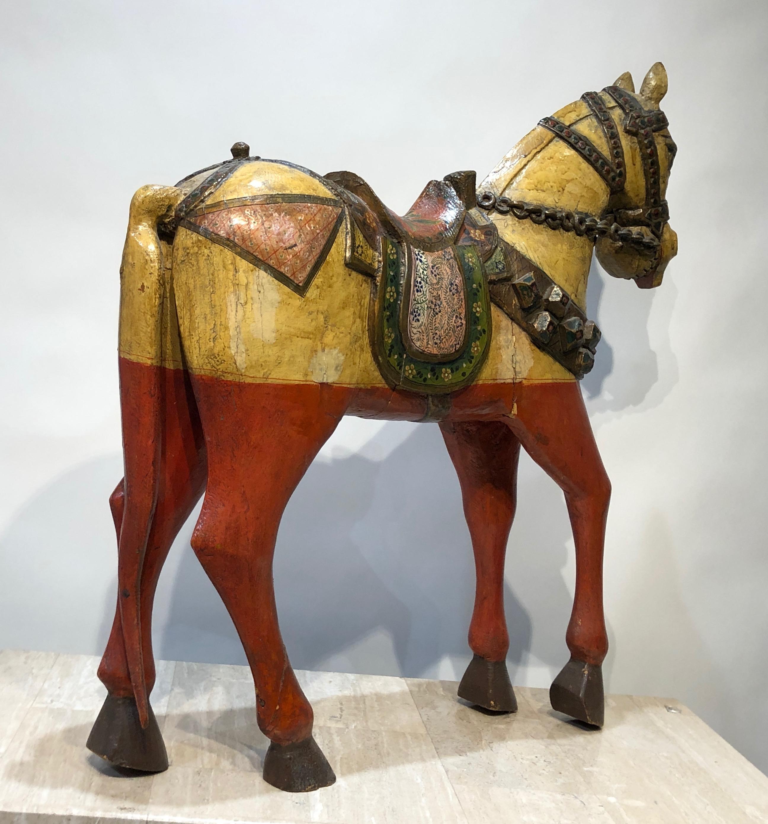Antique Indonesian Horse, yellow, red, sculpture, free standing  - Brown Figurative Sculpture by Unknown