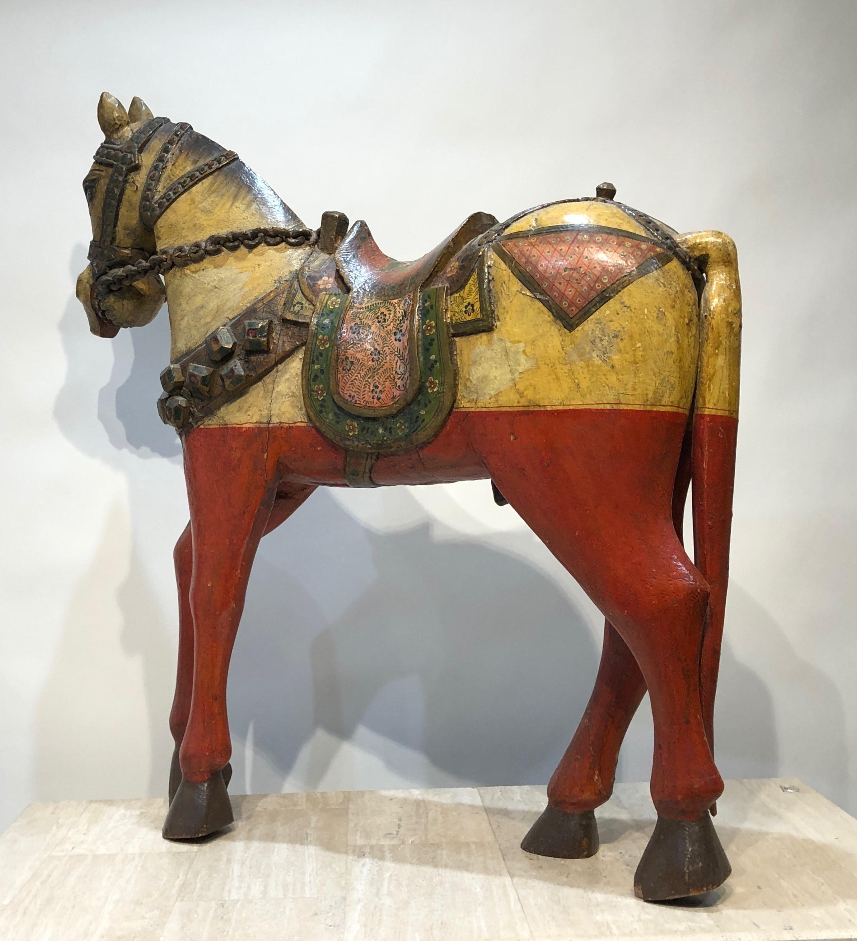 Antique Indonesian Horse, yellow, red, sculpture, free-standing, vintage, walking

Some wear on paint and crack that has been repaired. 