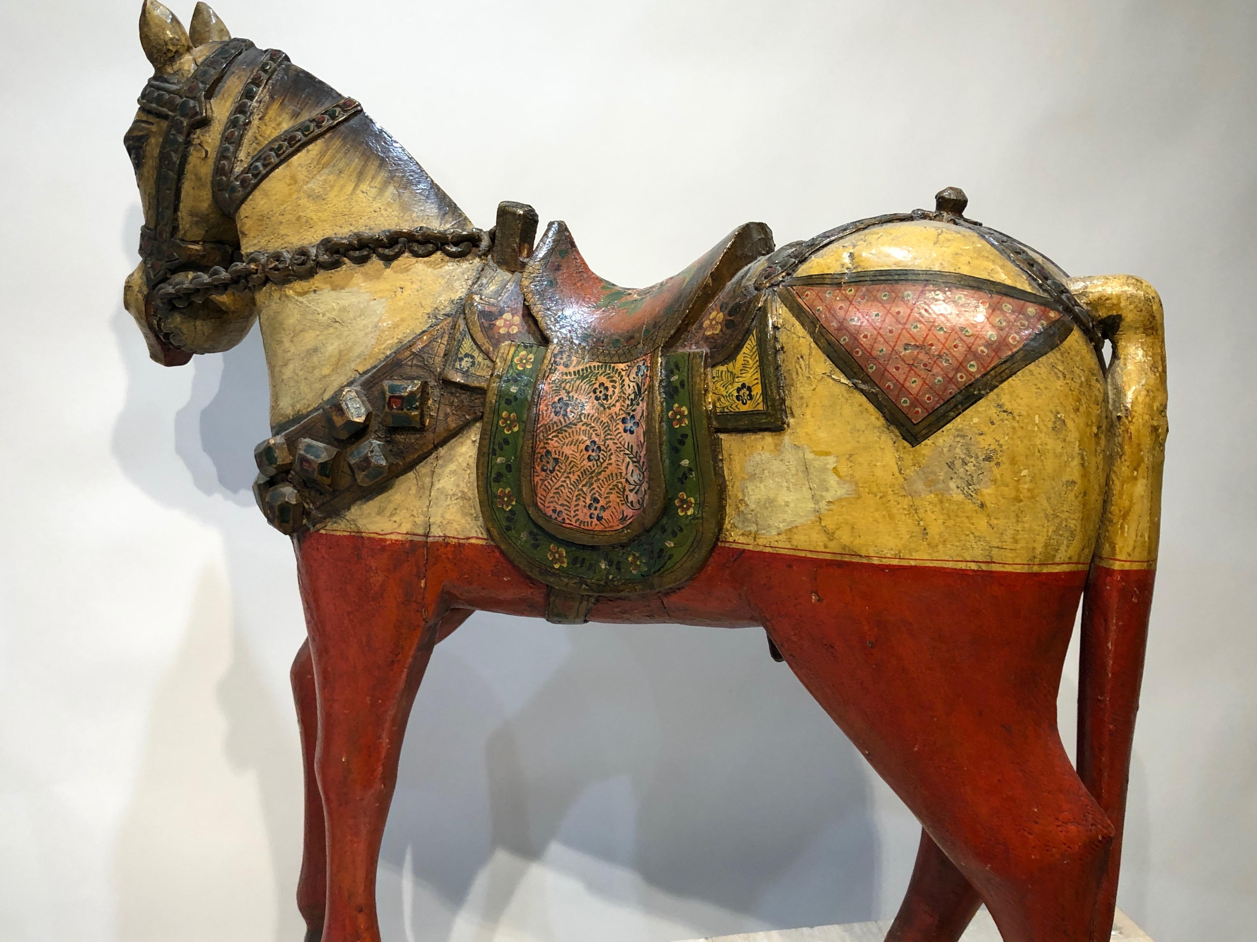 Antique Indonesian Horse, yellow, red, sculpture, free standing  For Sale 1