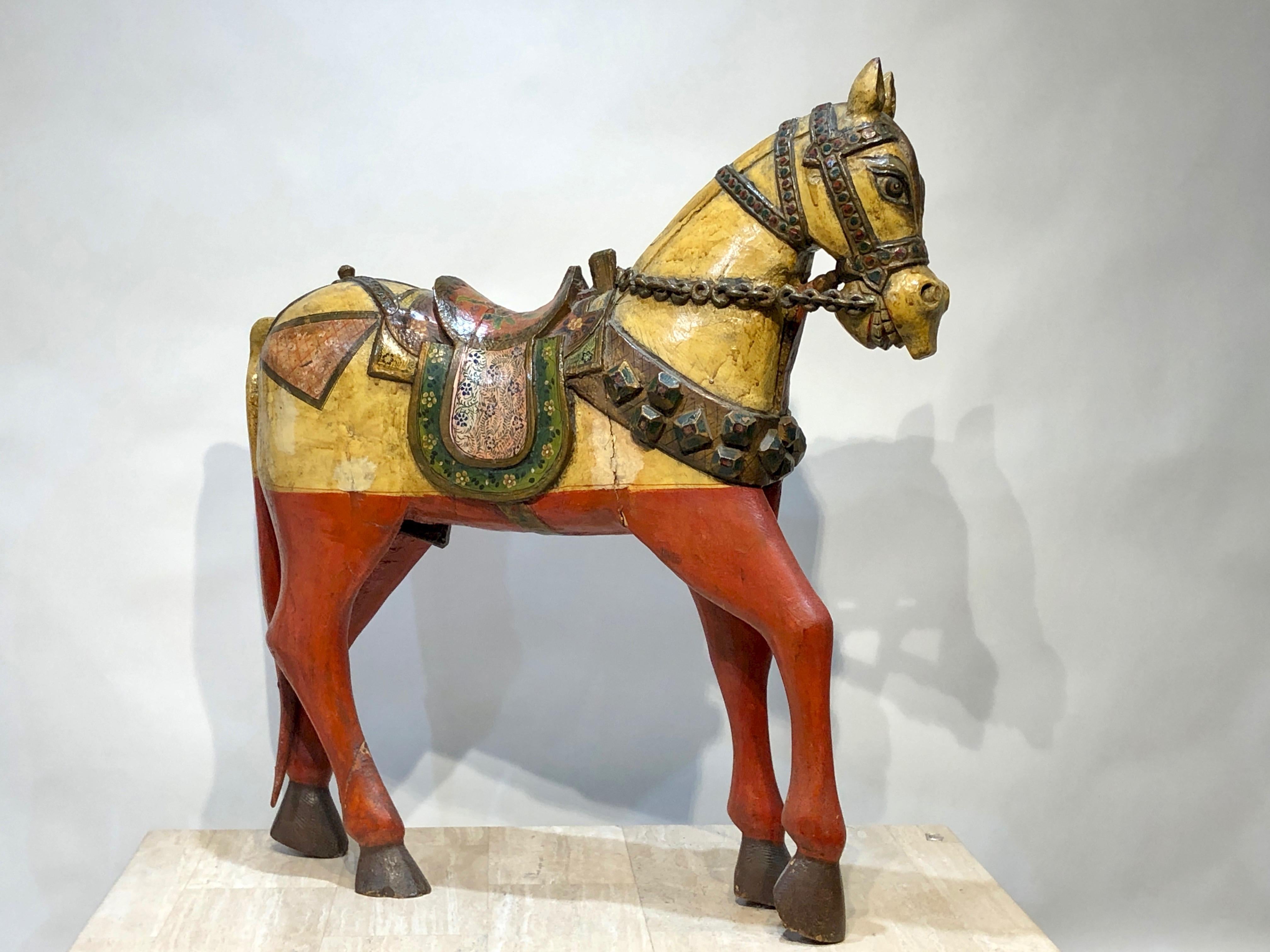 Unknown Figurative Sculpture - Antique Indonesian Horse, yellow, red, sculpture, free standing 