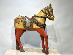 Antique Indonesian Horse, yellow, red, sculpture, free standing 